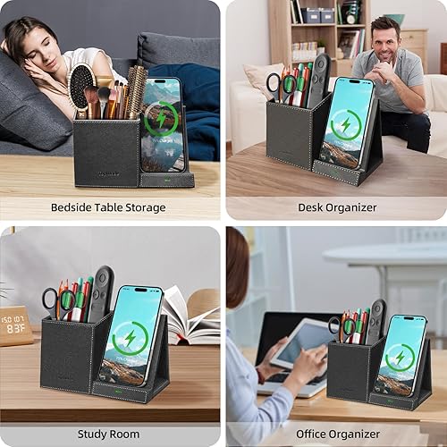 Miniatura 5 de TopMade Cargador inalámbrico con soporte para lápiz para bolígrafo, organizador de mesita de noche de escritorio multifuncional de cuero, estación