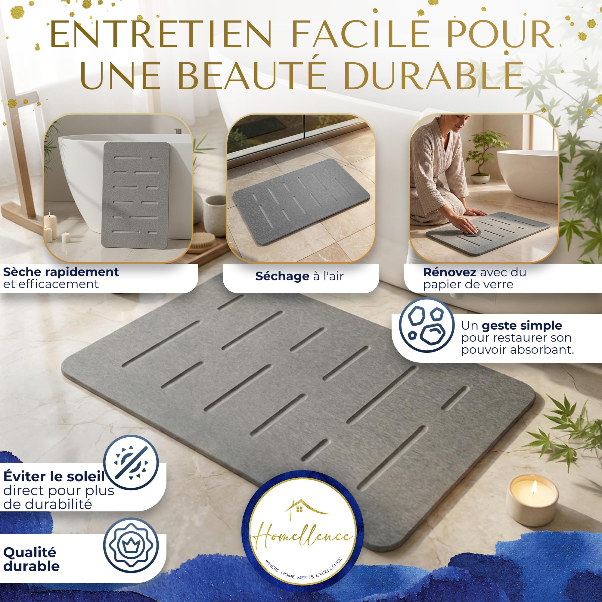 Homellence Tapis de Bain Diatomite 60x39 cm - Sortie de Douche Pierre
