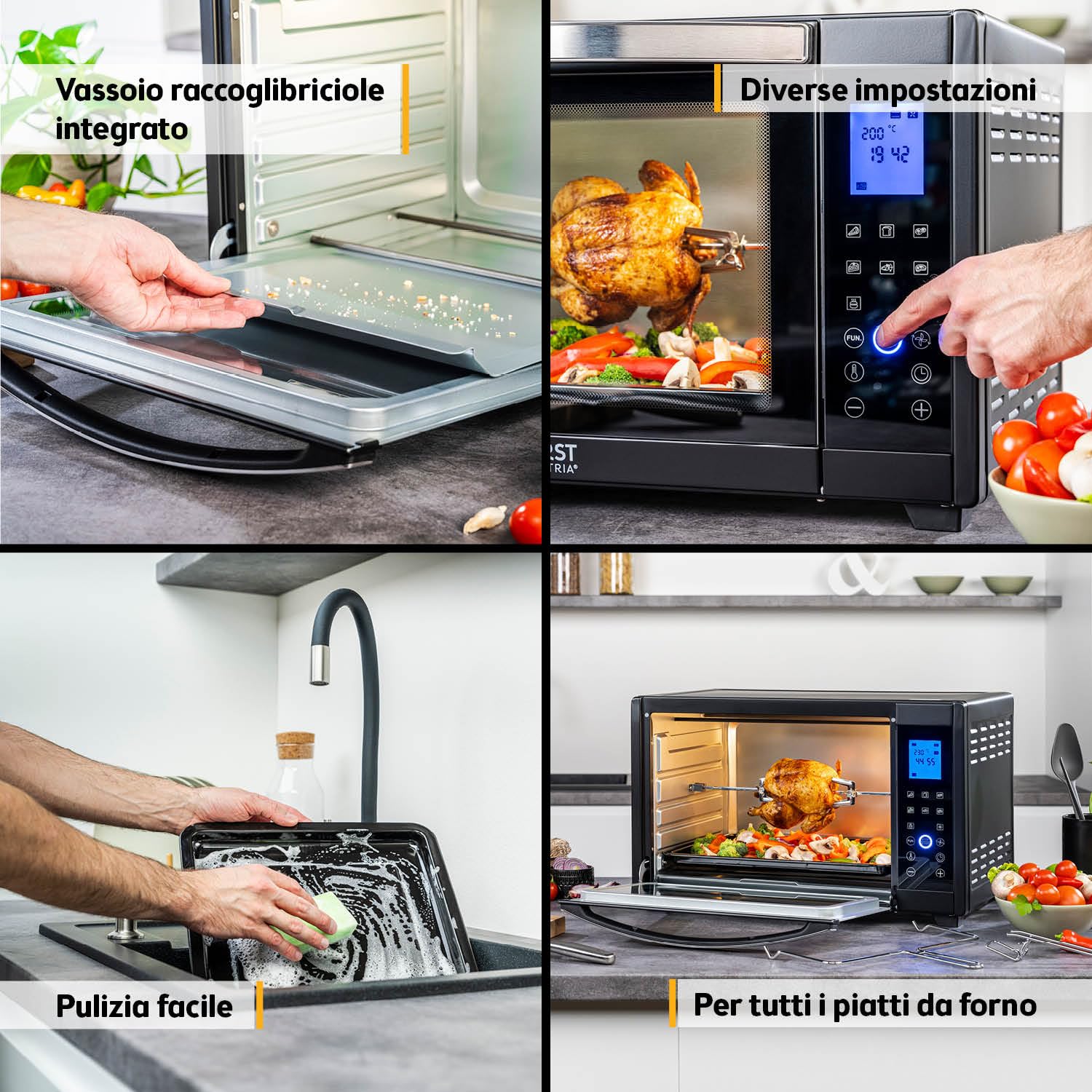TZS First Austria Mini Forno digitale 30L 1600W Fornetto con regolazione della temperatura fino a 230°C - Con timer di 60 min, 3 altezze di inserimento, teglia e griglia Per cucine piccole e campeggio