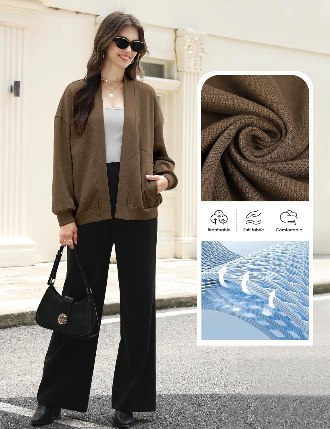 Wyeysyt Womens Sweatshirt Cardigan Lightweight Oversized Drop Shoulder Open Front Casual Cardigan - Image 4