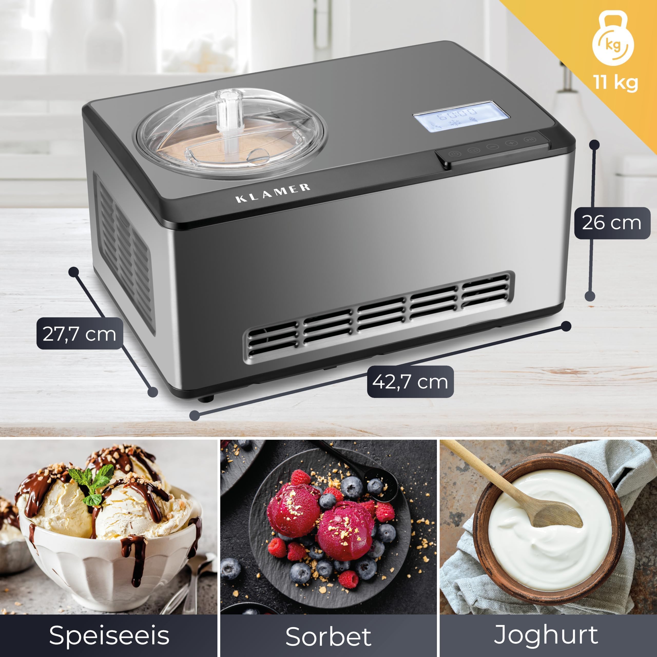 KLAMER 2-in-1 Eismaschine & Joghurtbereiter 2 L, 180 W Eiscrememaschine aus Edelstahl mit Kühl- und Heizfunktion, hausgemachtes Speiseeis mit selbstkühlendem Kompressor, mit digitalem Rezeptbuch