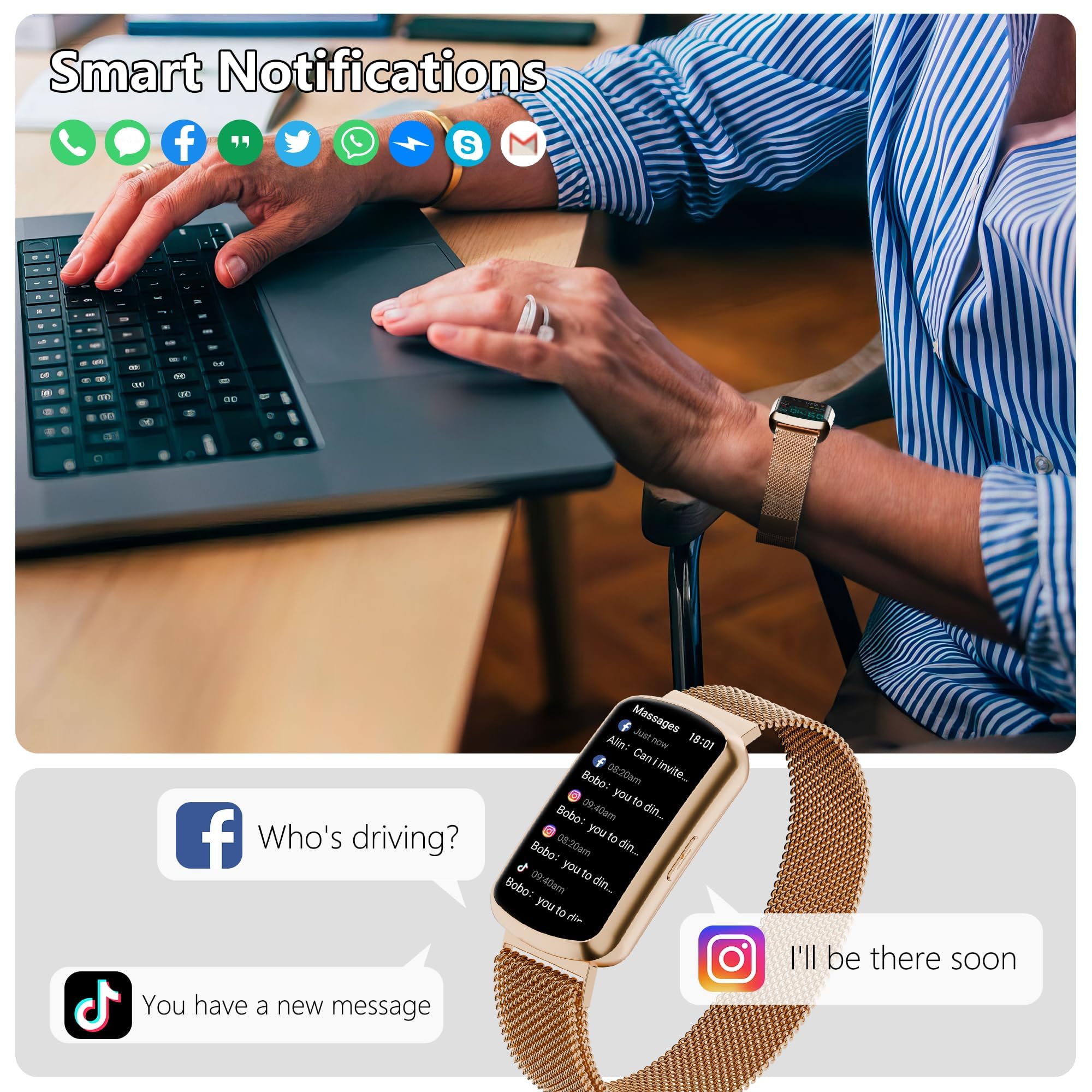 Monitor de salud y fitness, reloj inteligente con frecuencia cardíaca 24/7, rastreador de actividad con monitor de presión arterial y oxígeno en sangre, 120 modos deportivos, impermeable, rastreador