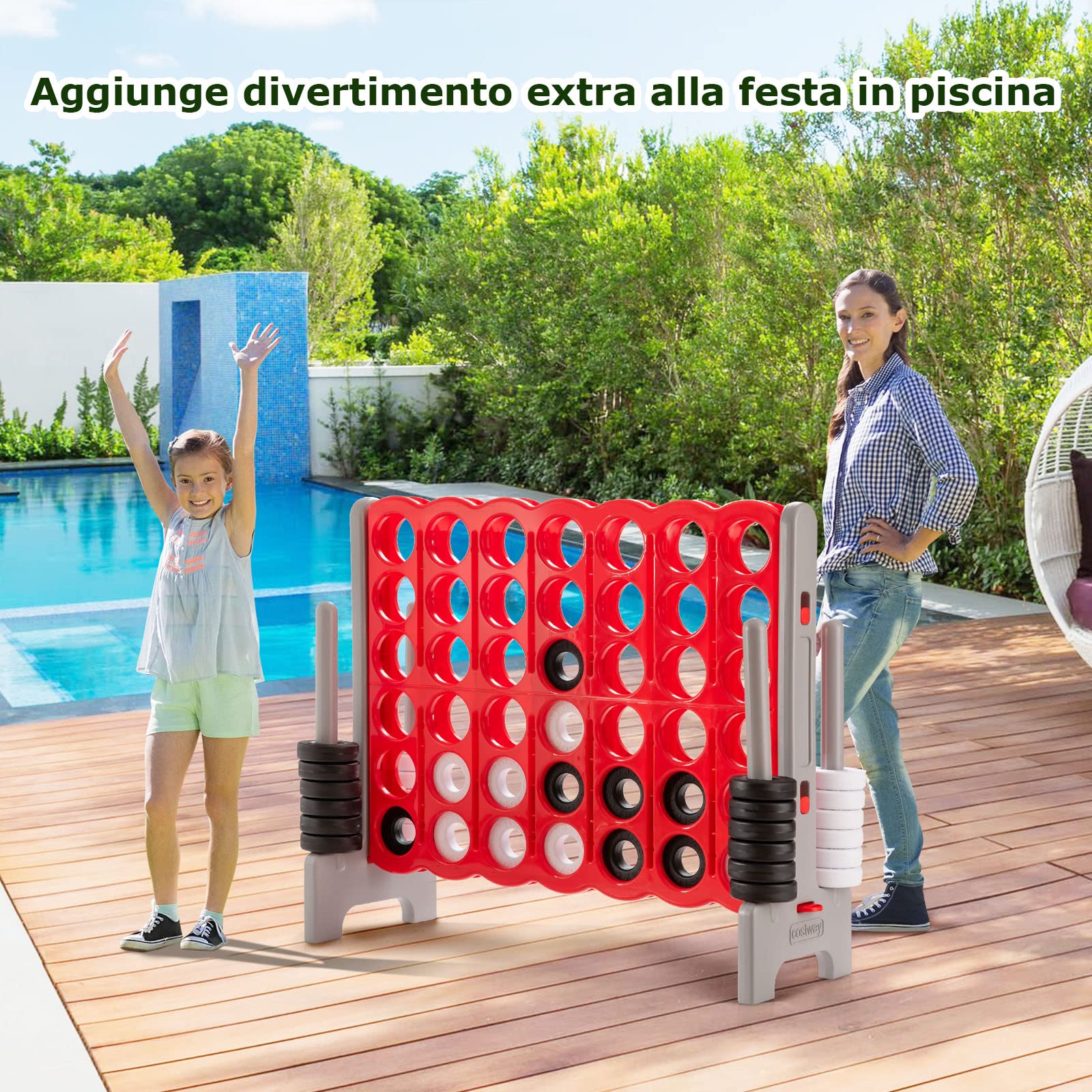 COSTWAY Forza 4 Gigante da Interno ed Esterno, Forza Quattro per Bambini e Adulti con 42 Anelli Giganti e Dispositivo di Scorrimento a Sgancio Rapido, Perfetto per Feste e Vacanze