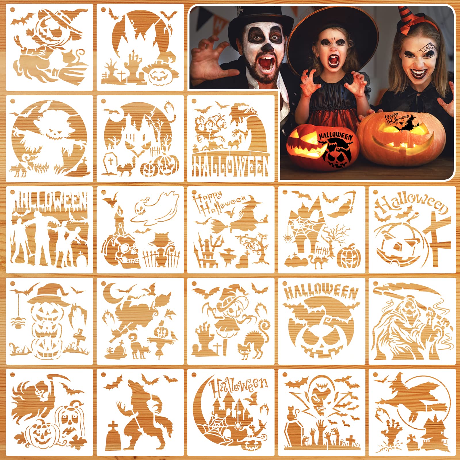MWOOT 20 Sheets Halloween Painting Stencils, Reusable Painting Stencils for Crafts, DIY Scrabooking Painting on Wood (15 x 15 cm)