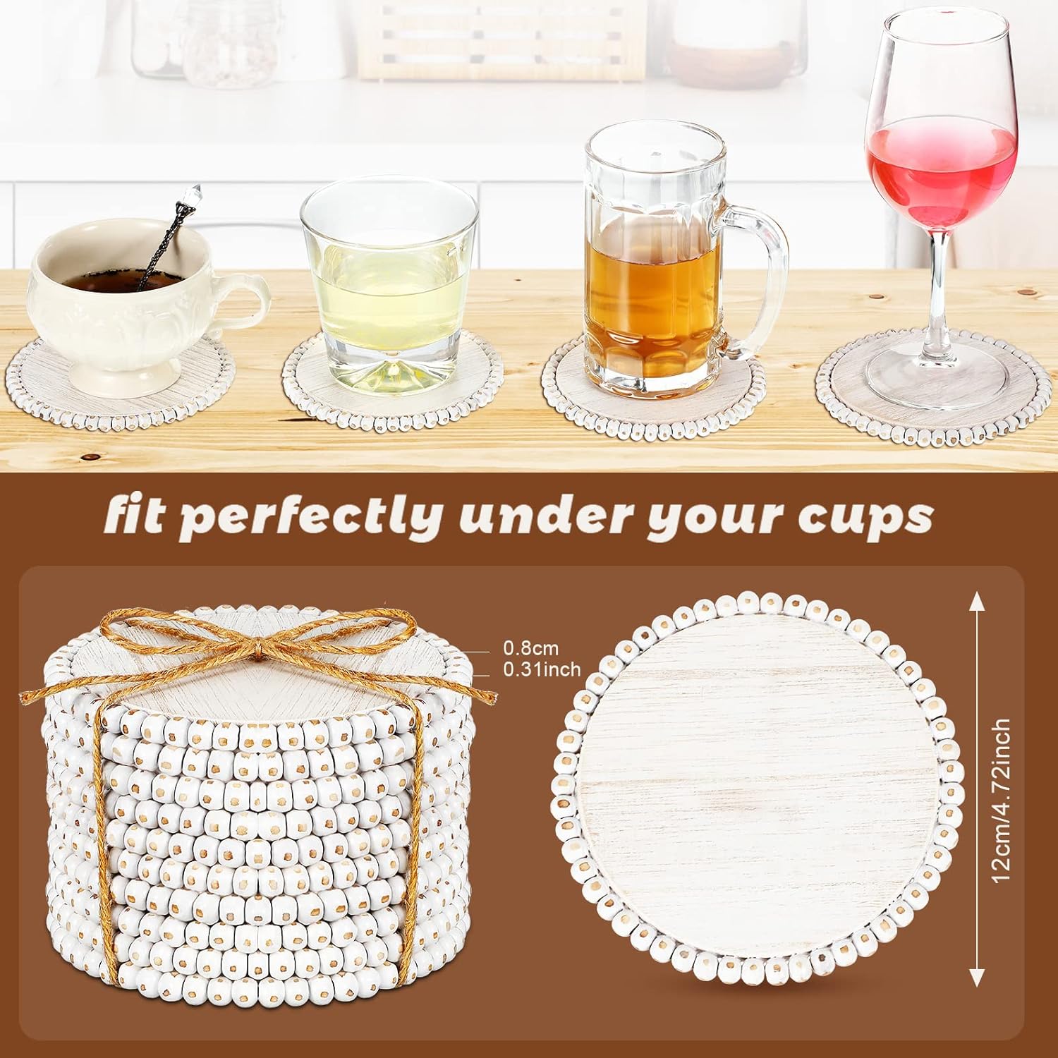 Meanplan 10 Pieces Beaded Wood Coasters Bulk Farmhouse Coasters for Drinks Coffee Table 4.7 Inch Round Farmhouse Beaded Rustic Decorative White Bar Mats for Home Kitchen Decor