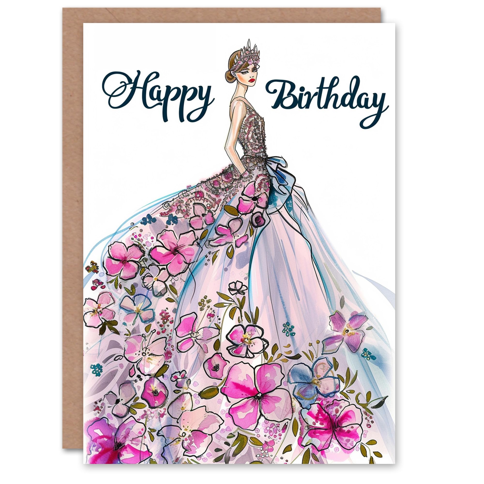 Artery8 Women's Birthday Card Floral Dress Princess with Tiara - Pink