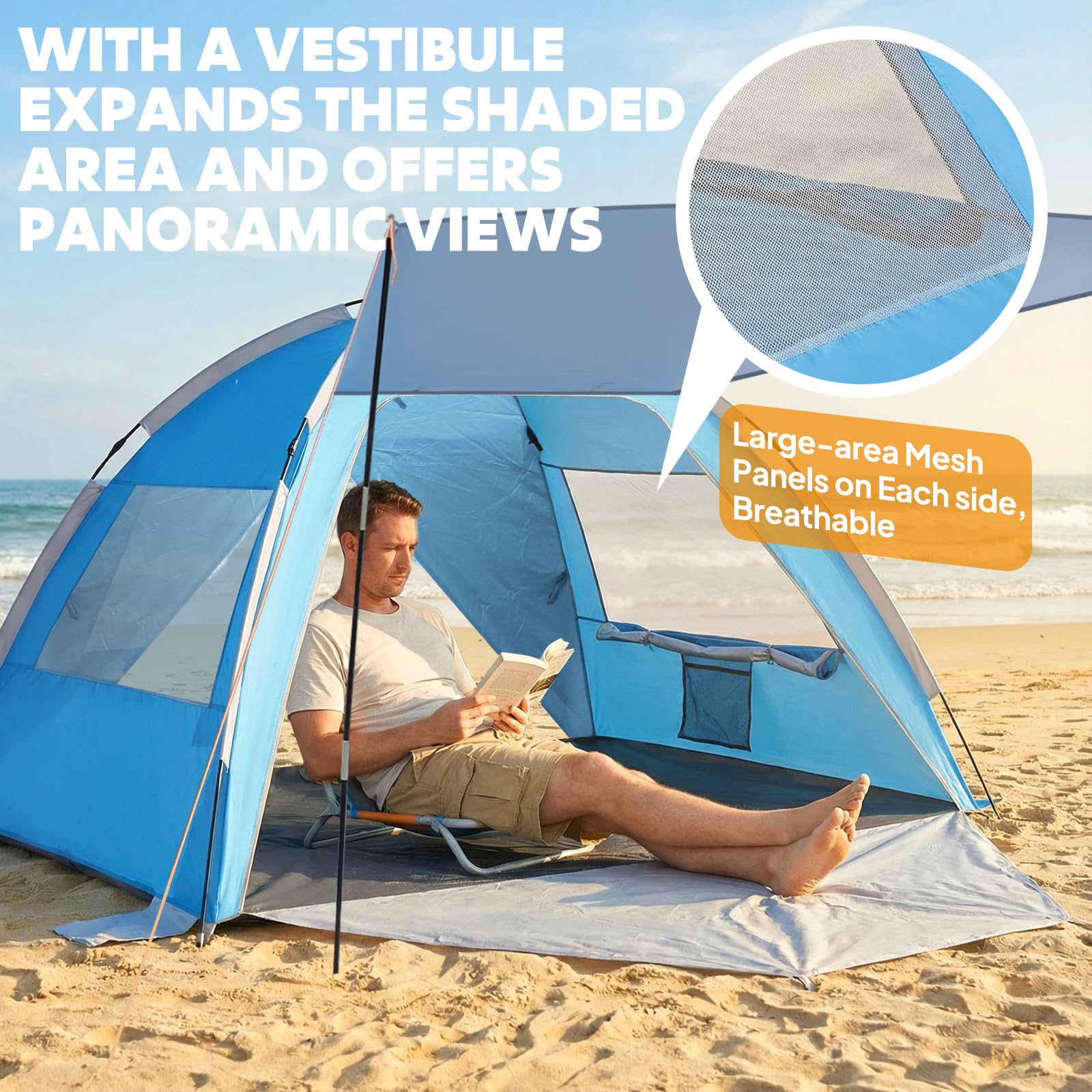 Chihee Strandzelt Camping-Sonnenschutz für 2-3 Personen mit UV-Schutz Silberbeschichtetes Gewebe Atmungsaktives Netzgewebe Zusätzliche Sandsäcke,Tragbar Strandschatten Überdachung (Blau(mit Veranda))