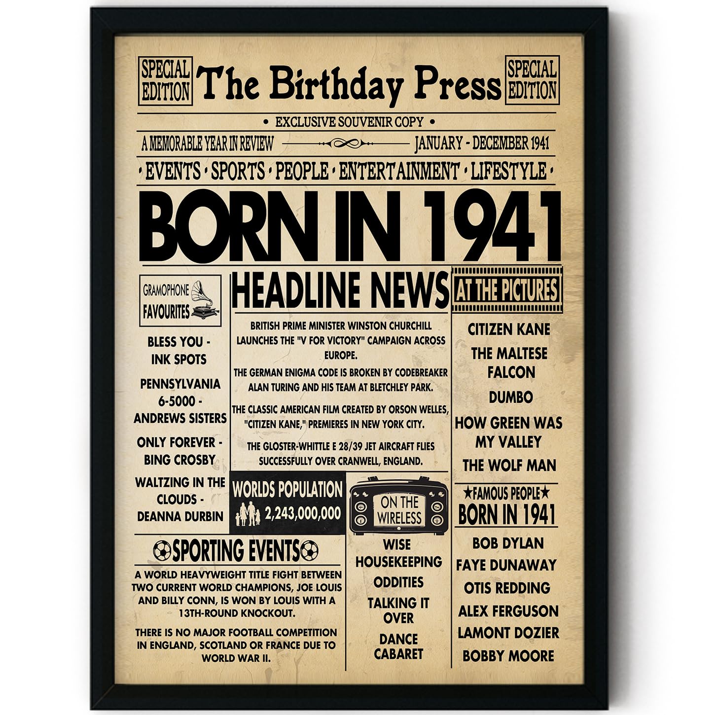 Stuff4 85th Birthday Poster Framed - Born In 1941 Newspaper - Happy 85th Birthday Gifts for Men Women Vintage Retro Back In 1941, 8x10 Inch Bday Party Decor Decoration
