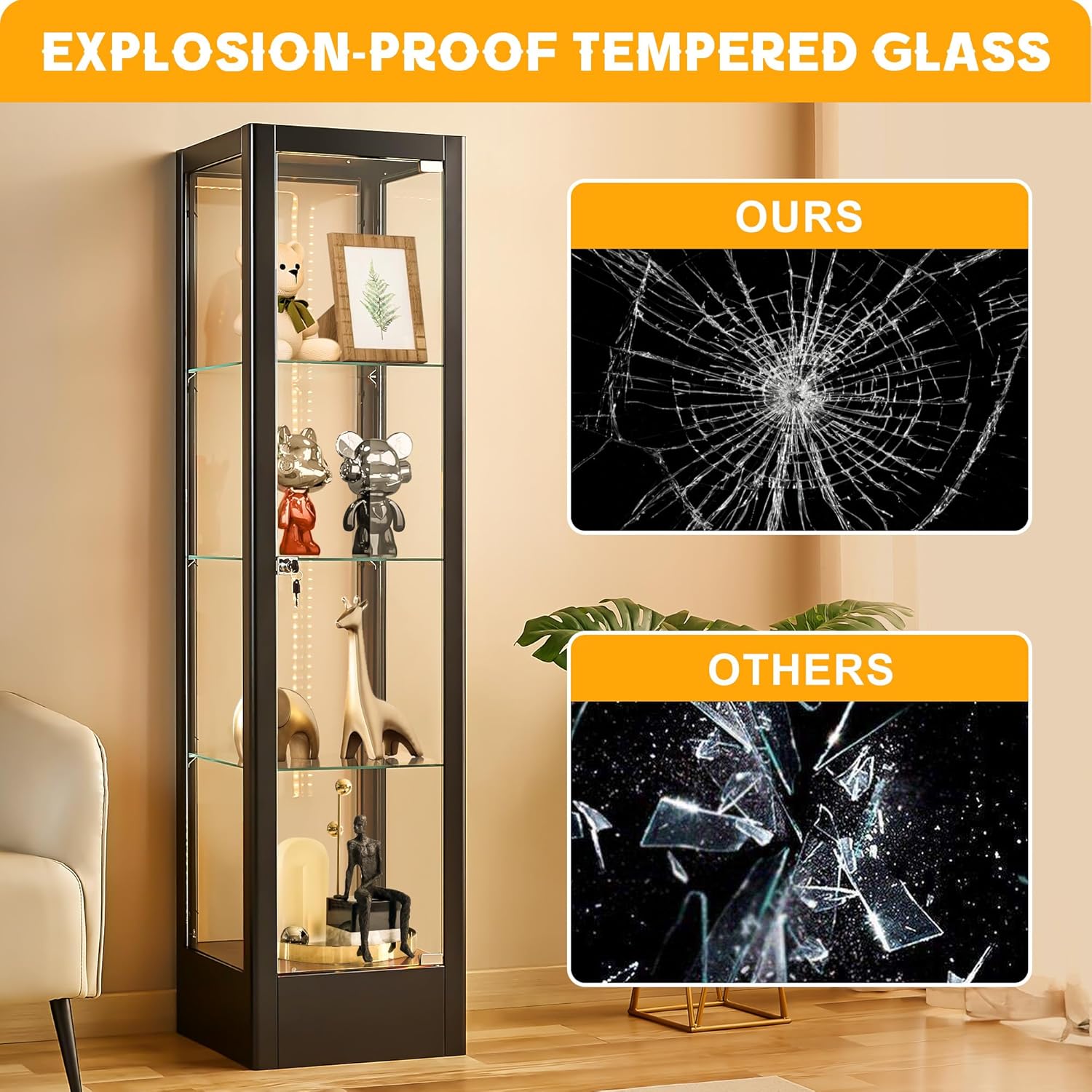 Foreate 4-Tier Glass Display Cabinet Case with 13 Colors Light & Lock, 63" Curio Cabinet with Glass Door & Adjustable Shelves, Thickened 5MM Tempered Glass Collectibles Display Case Bookshelf, Black