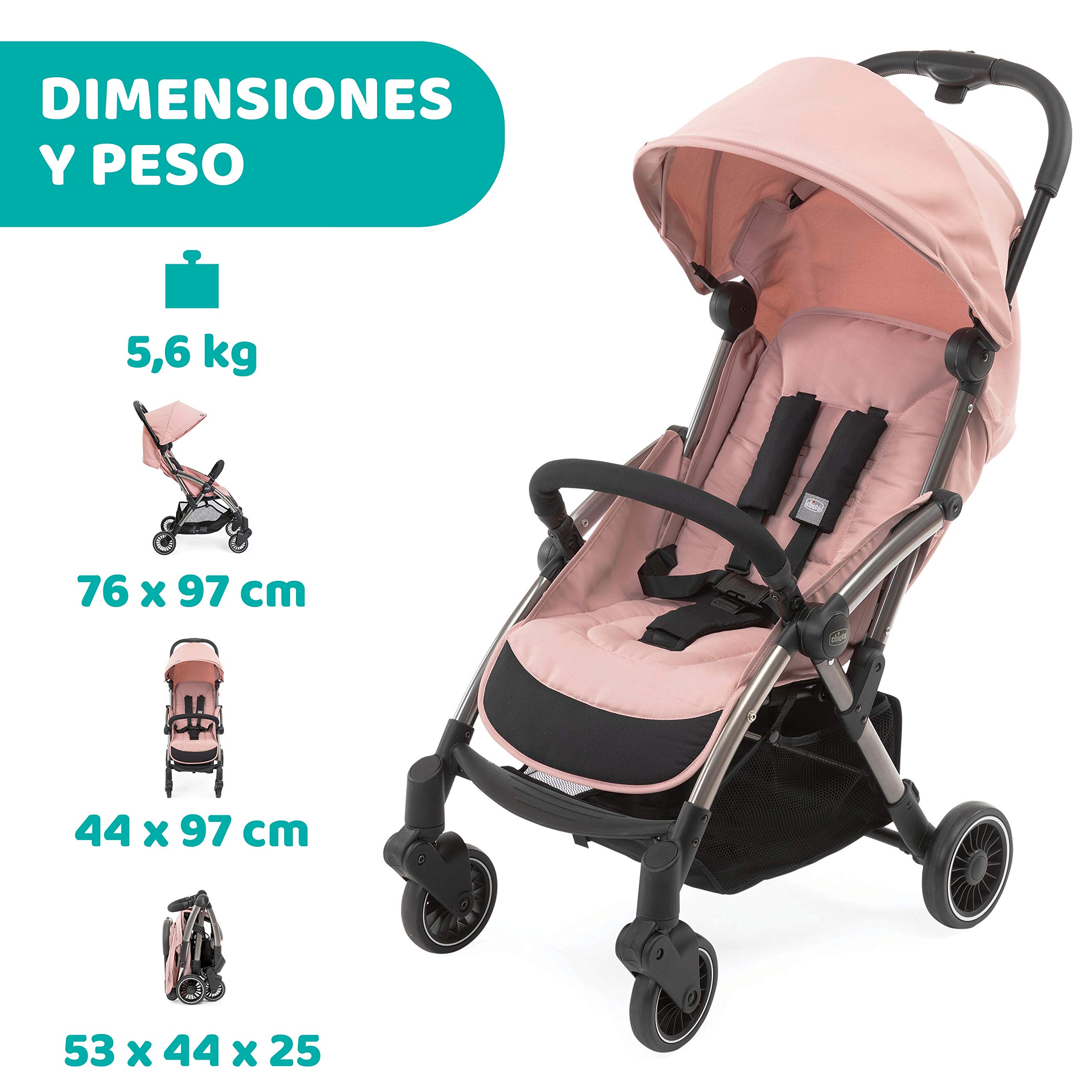 Chicco Silla Paseo Bebé Cheerio, Cochecito 0 Meses a 15 kg Ligero, Compacto, Plegable, Reclinable con Posición para Dormir, Cierre Automático en 1 Movimiento, Capota para Lluvia, Color Rosa
