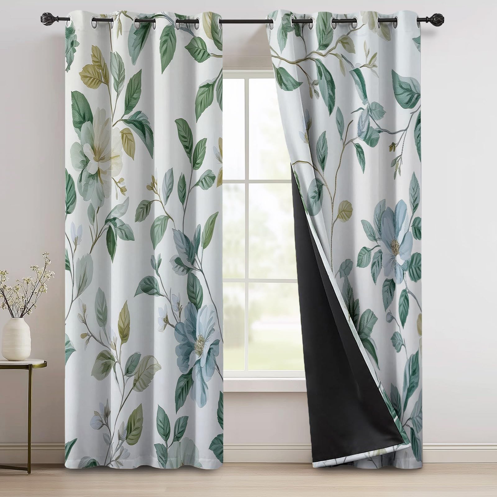Verdunkelungsvorhänge H166 x B75 cm 2 Paneele, Geräuschreduzierung & Wärmeisolierung Retro Elegant Floral Pflanze Blatt Vorhänge Blickdicht für Schlafzimmer Wohnzimmer Kinderzimmer, Gräulich-Weiß