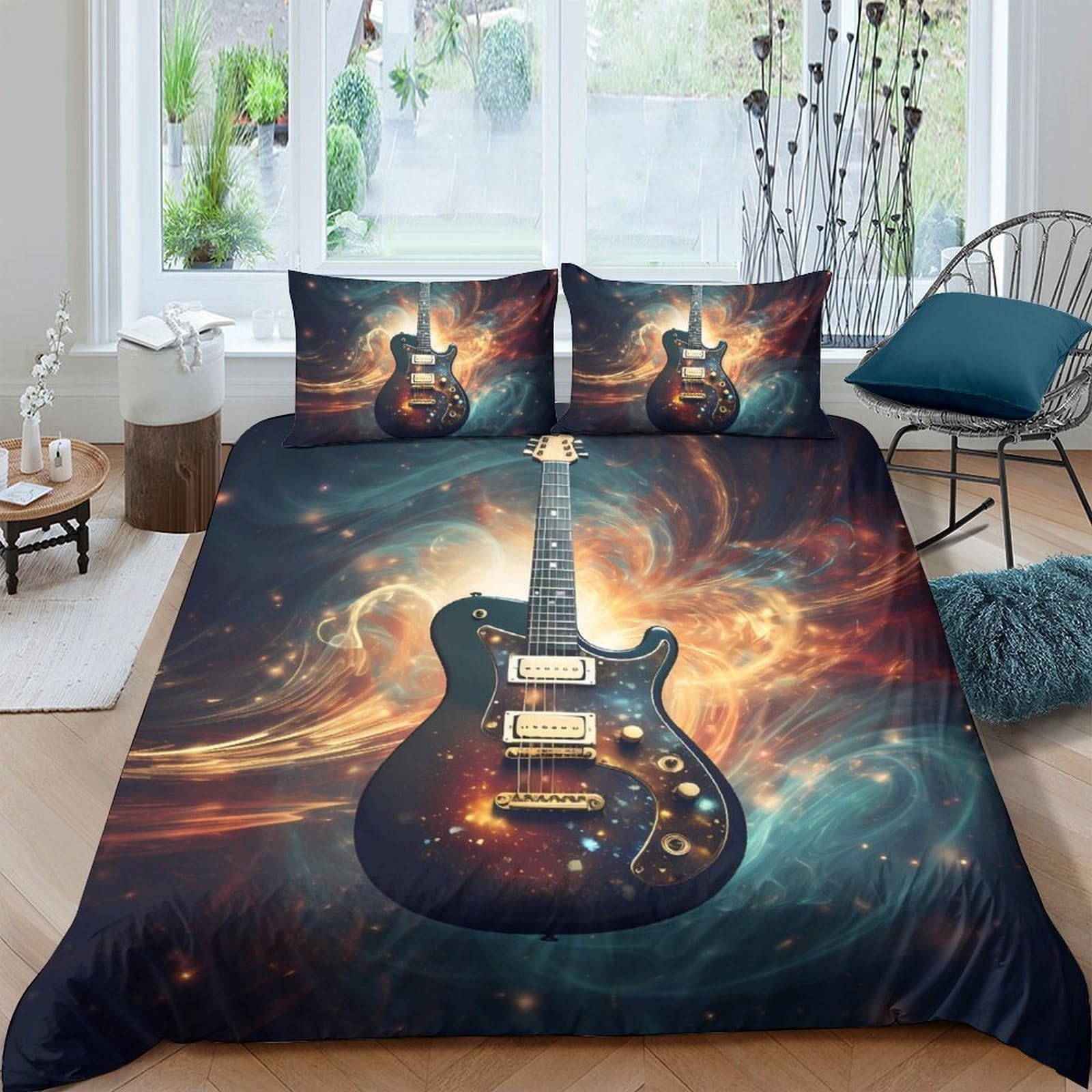 Ctjqhvkz Style-5 3D Printed Electric Guitar Fitted Sheet Microfiber Soft Breathable Fire Nebula Mattress Cover For Bedroom Music Decor Single（135X200cm）