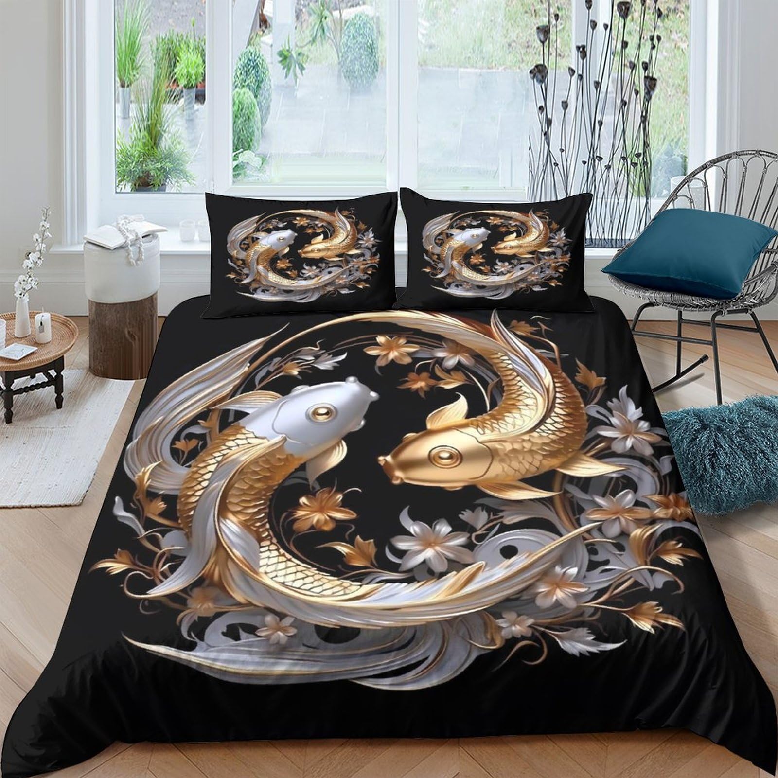 Ctjqhvkz Style-3 3D Printed Gold Koi Yin Yang Fitted Sheet Microfiber Black Bed Cover For Home Bedroom Dorm Decor Protective Single（135X200cm）