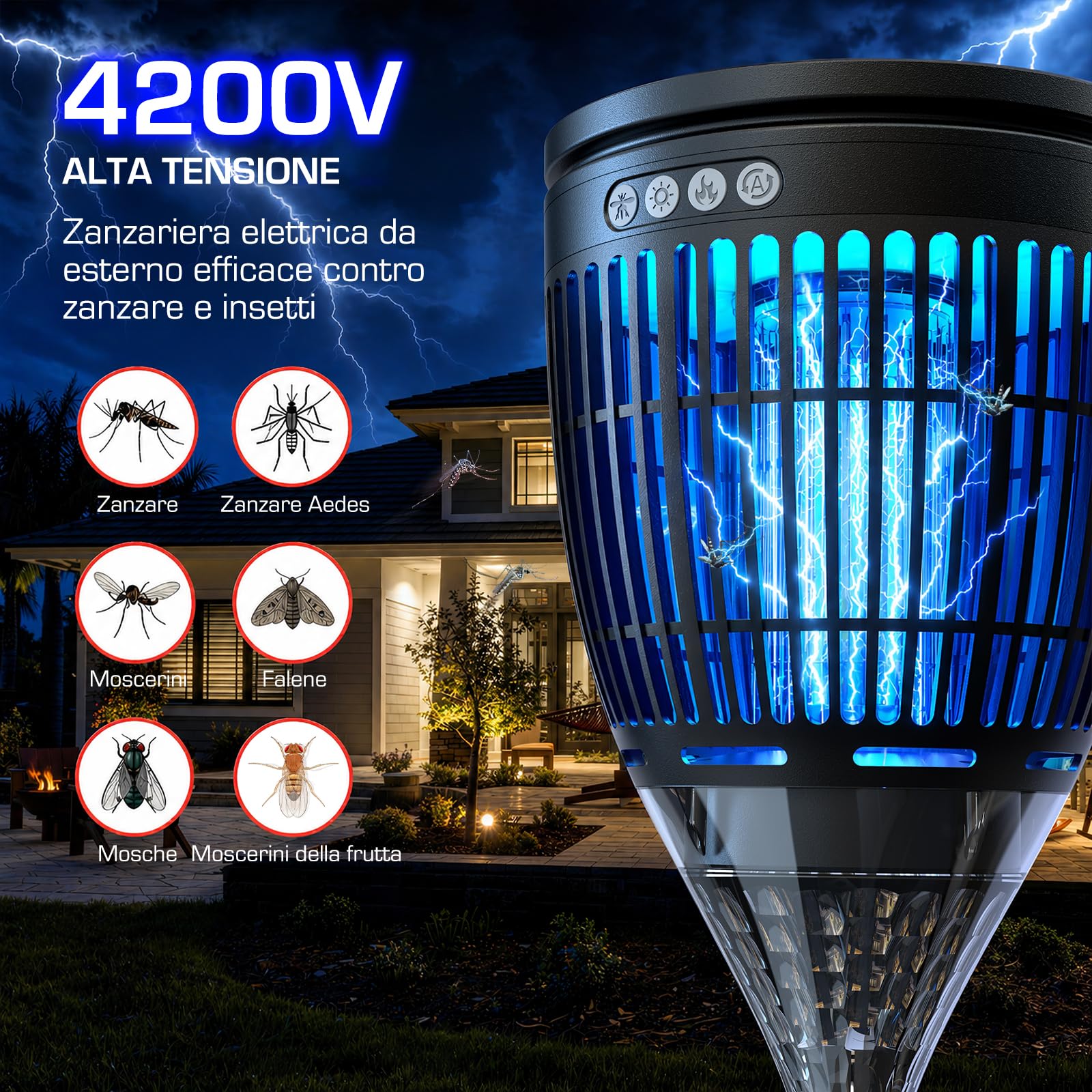 Lampada Antizanzare Solare da Esterno, Zanzariera Elettrica 4200V, Impermeabile IPX5, Ricaricabile USB-C, Lampada Zanzare Senza Fili con Picchetto per Giardino, Prato, Cortile