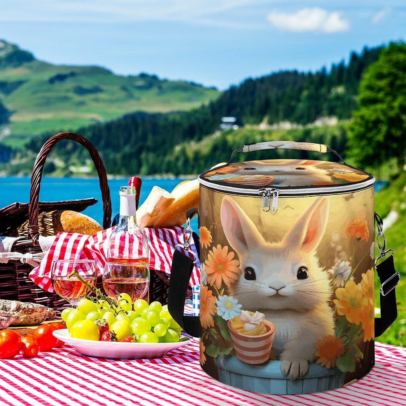 Borsa termica morbida multi-tasca, con coniglio, uccello, fiore, borsa termica a prova di perdite, pieghevole, per spiaggia, viaggi, lavoro