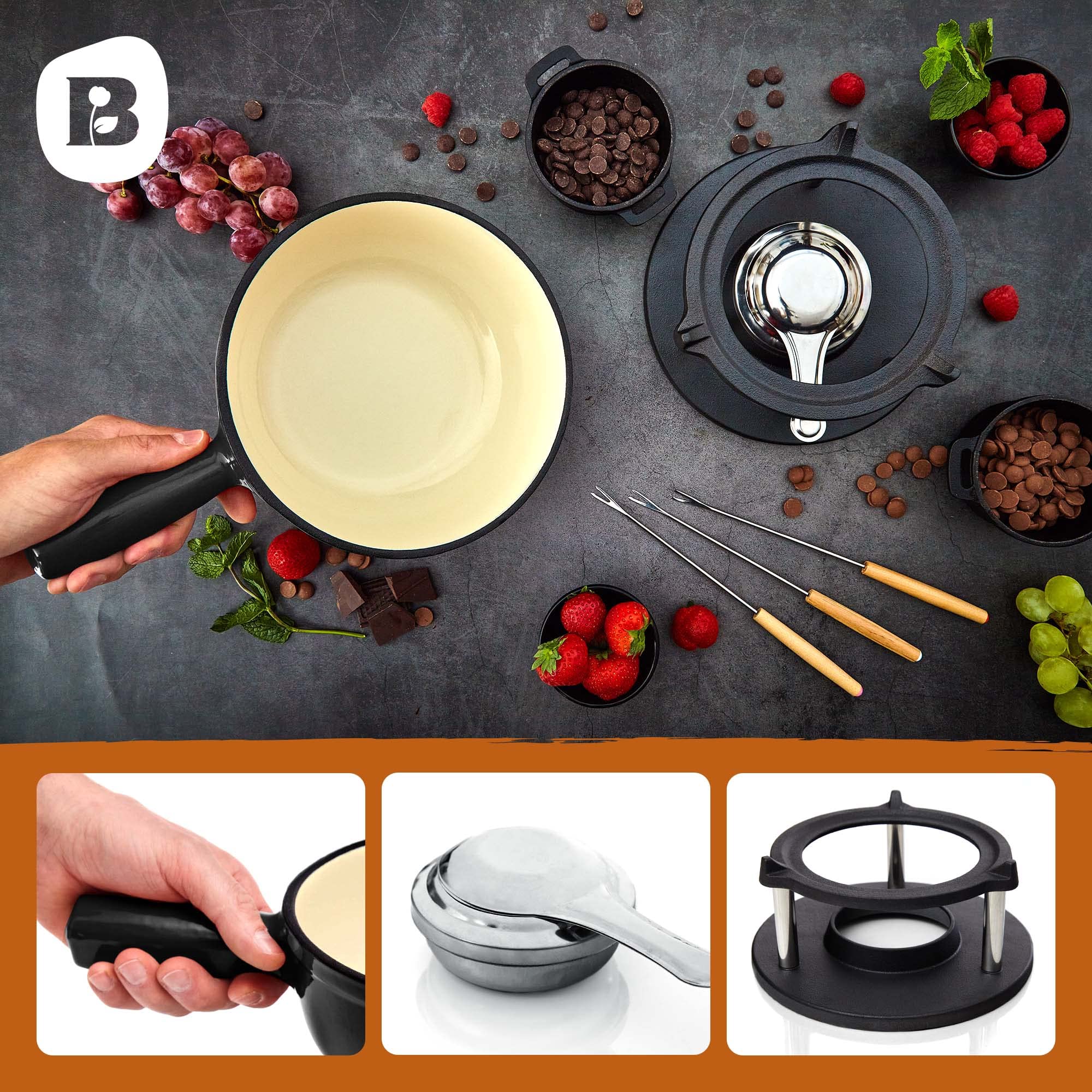 Gusseisen Fondue Set für 6 Personen - 2 Liter - Fondueset 9-teilig mit Brenner und 6 Gabeln - mit Emaille-Beschichtung - geeignet für Käsefondue Schokofondue Fleischfondue Gemüsefondue
