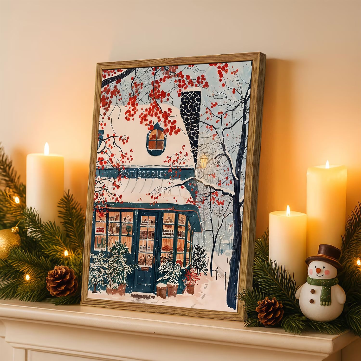 christmas wall art fine snowy street wall decor pictures, winter cozy french bakery cafe canvas prints paintings for living room bedroom dorm 16x24 inch wood framed