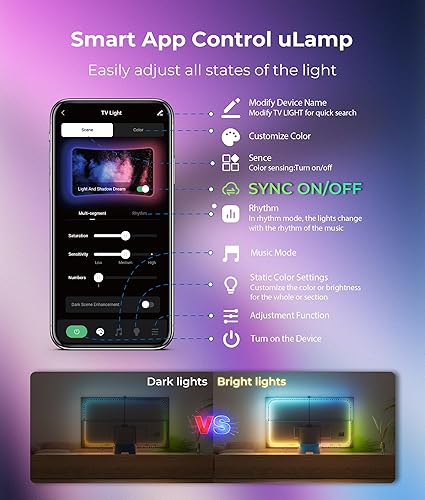 Miniatura 7 de Retroiluminación LED para TV de 15.5 pies, luces de TV que cambian con la pantalla para tira de luces LED RGB de 55 a 100 pulgadas, cortables con