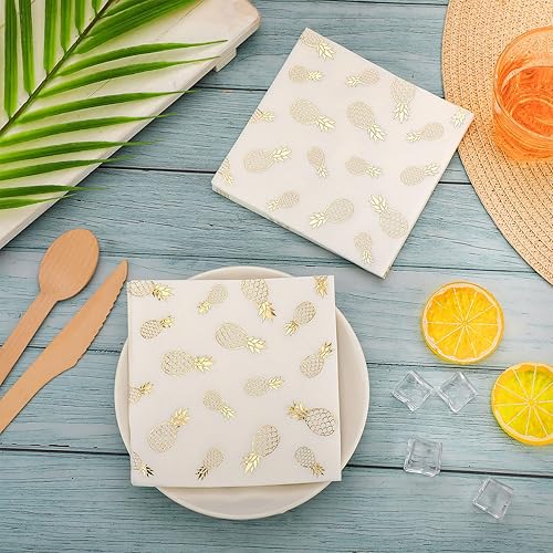 Miniatura 3 de Outus Servilletas de cóctel de piña de 5 x 5 pulgadas, servilletas de papel de piña de verano desechables con estampado dorado para bebidas,