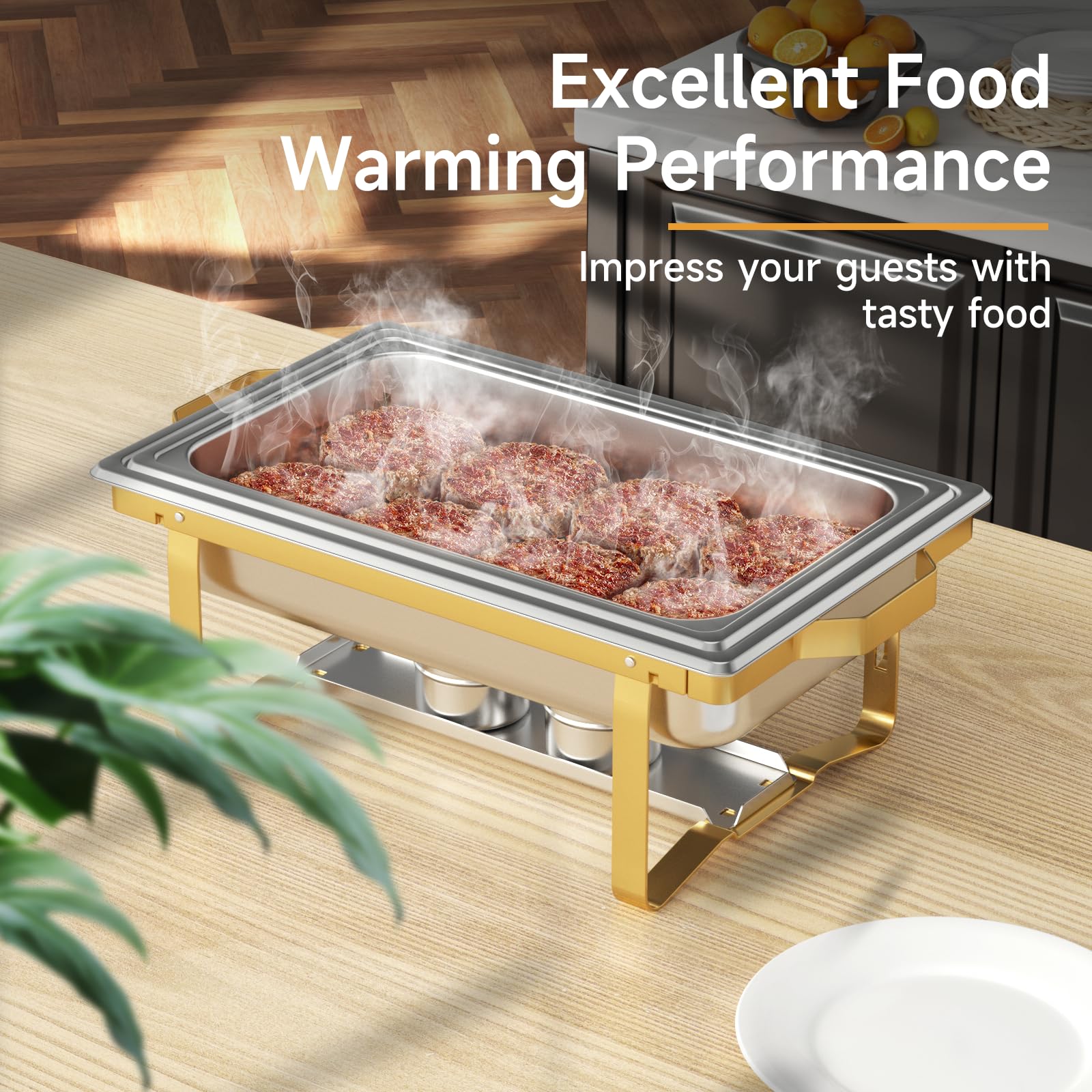 Chafing Dishes for Buffet 4 Pack, 9QT Chafing Dish High Grade Stainless Steel Chafer Complete Set, Steel Handle Catering Events Complete Buffet Warmer Set (Gold, 2)