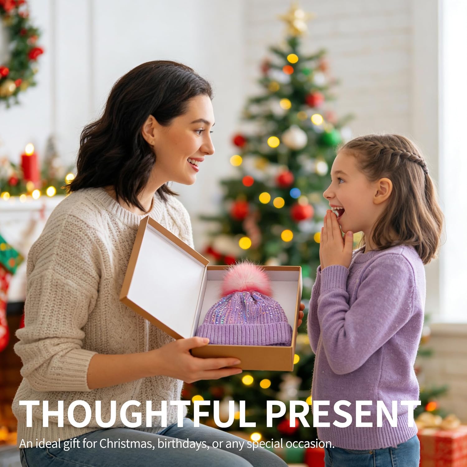 Kids Knit Winter Hat with Pompom for Ages 3-14, Toddler Sparkly Sequin Beanie, Soft Warm Snow Ski Cap for Boys & Girls Pink 3-8 - Image 7