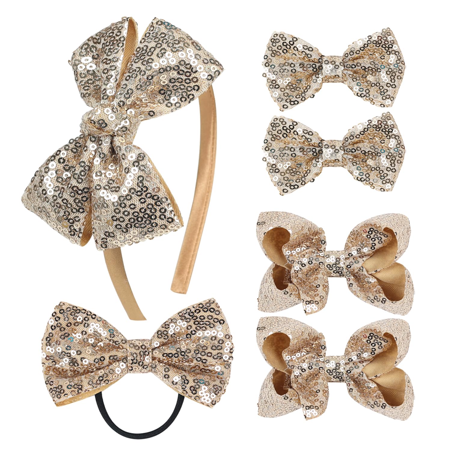 Sequin Grosgrain Bow Hair Accessories Gift Set – 6-Piece Sparkling Hair Bows, Clips, Headband & Hair Tie for Little Girls and Toddlers （Gold)