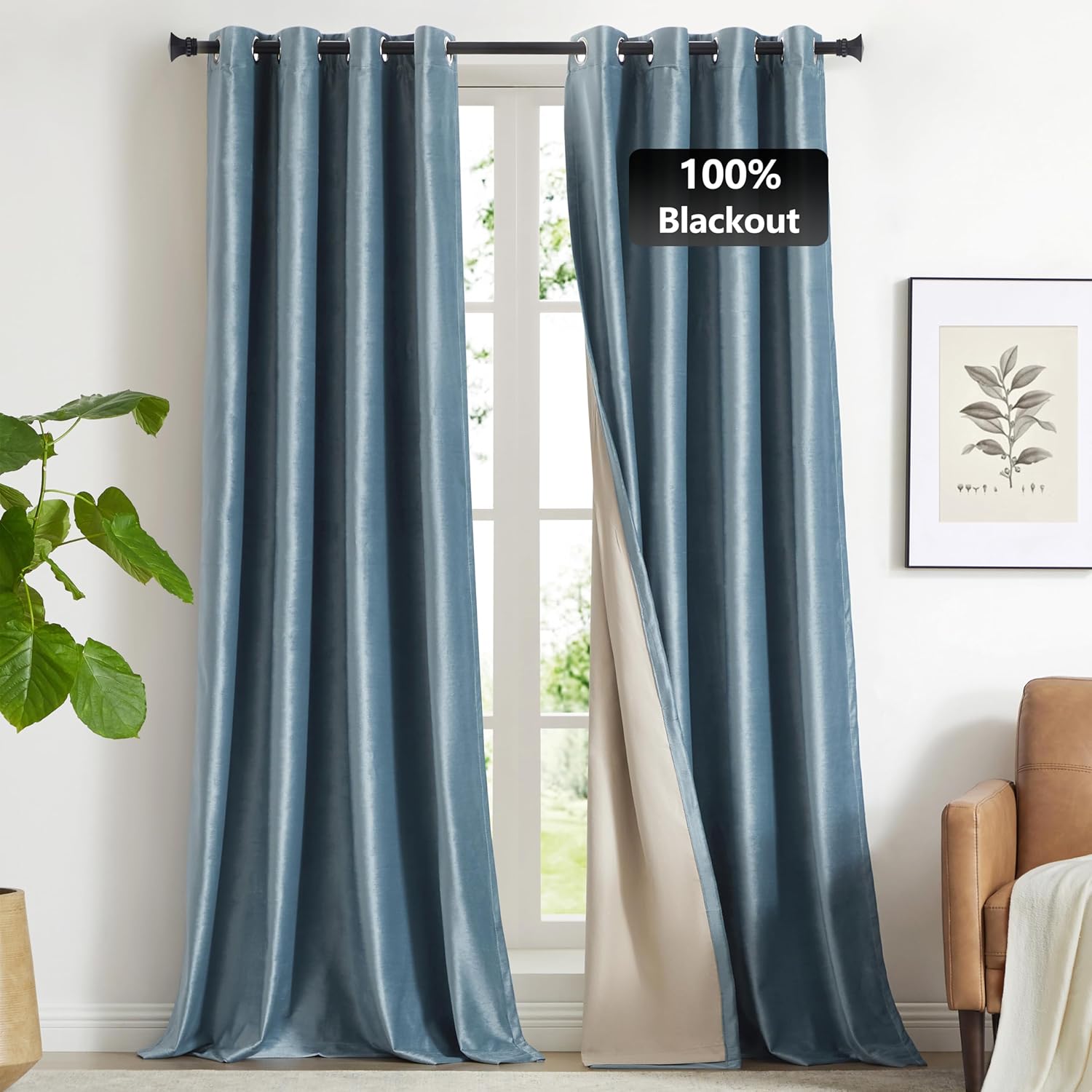 GIGIZAZA 100% Blackout Velvet Curtains 108 Inch 2 Panels, Stone Blue Window Drapes Lining Thermal Insulated Luxury Curtain for Living Room Darkening Bedroom Stone Blue W52"xL108"-Pair