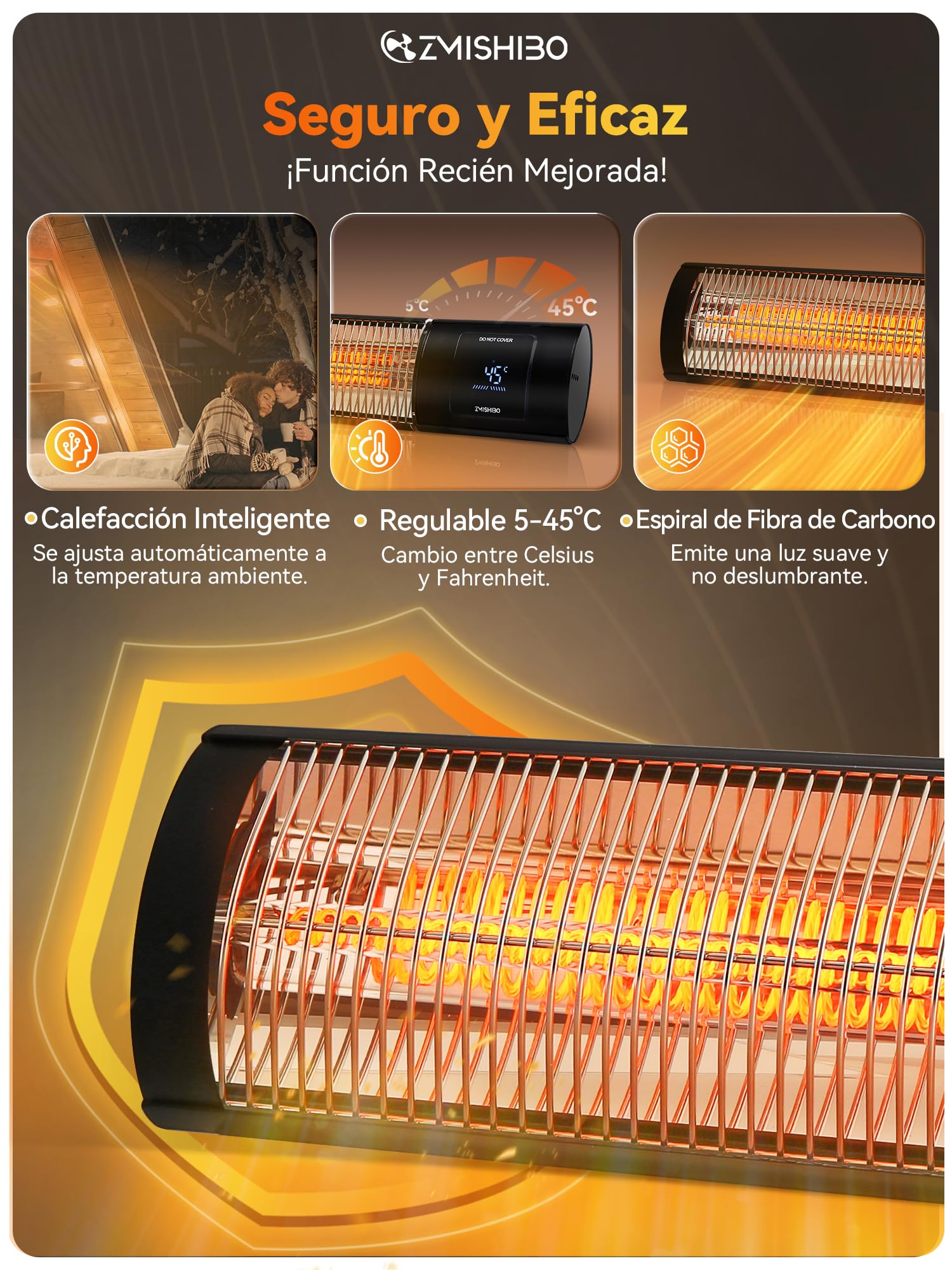 ZMISHIBO Calefactor/Estufa de Infrarrojos 2000W, 4 niveles, IP65 para interior y exterior, con app, LED, detección de ventana abierta y seguridad infantil