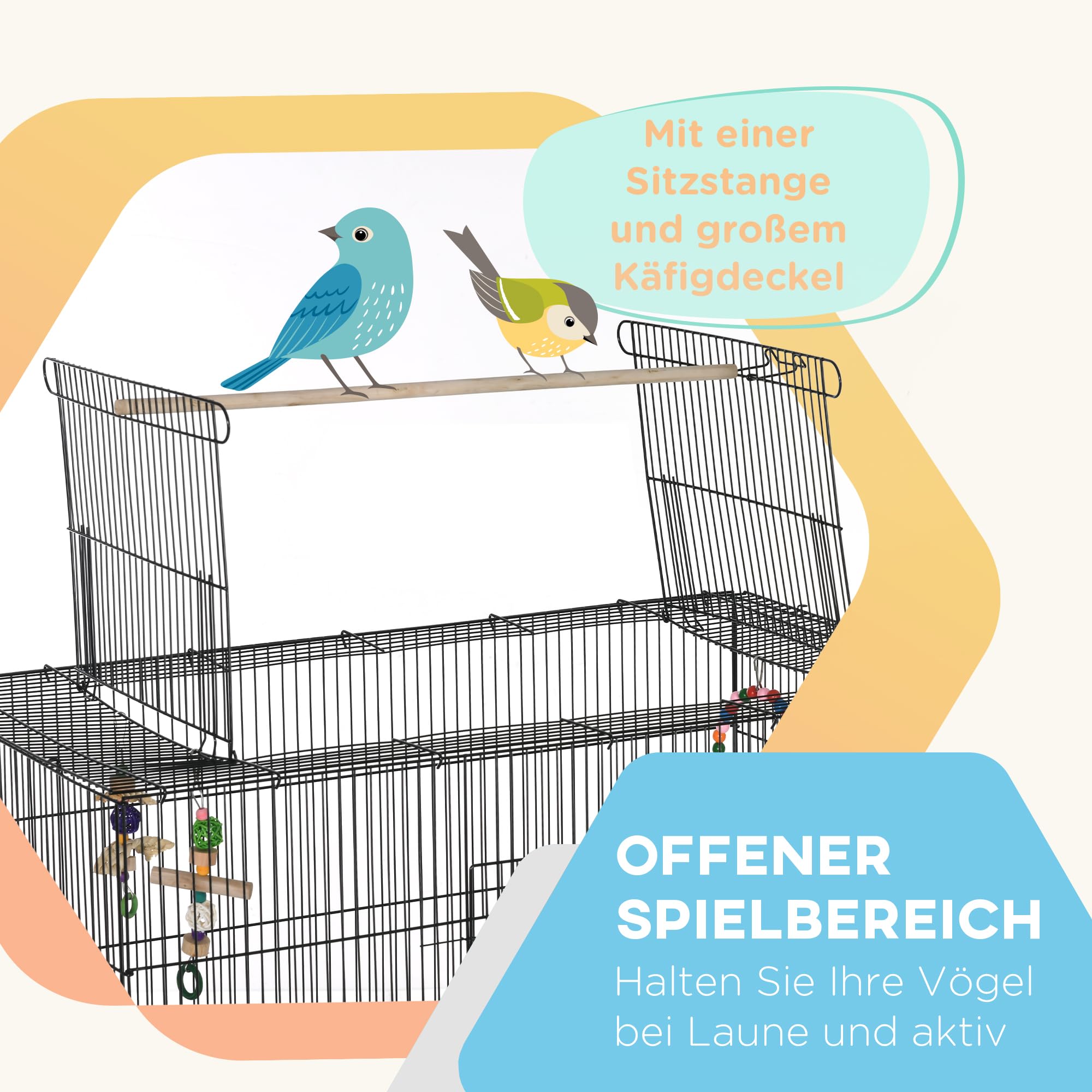 PawHut Vogelkäfig Groß Vogelvoliere mit Sitzstangen, Rollen, Bodenwanne, Metall Vogelhaus mit 2 Türen, Vogelspielzeug, Vogelbauer Wellensittichkäfig Käfig für Vögel, 97 x 58 x 160 cm