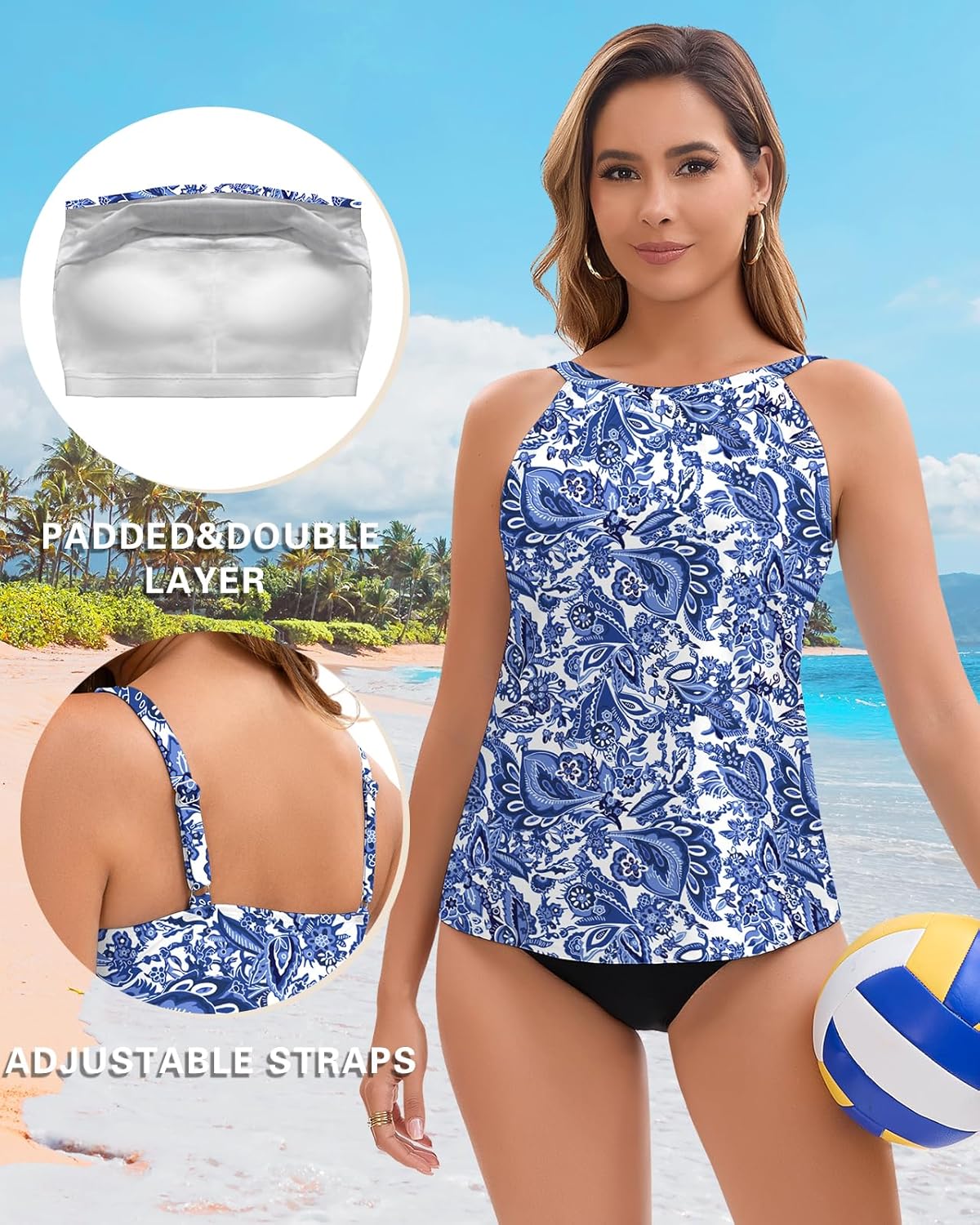 Soneven Womens' High Neck Tankini Top Only Bathing Suit Modest Swimsuit Swim Top