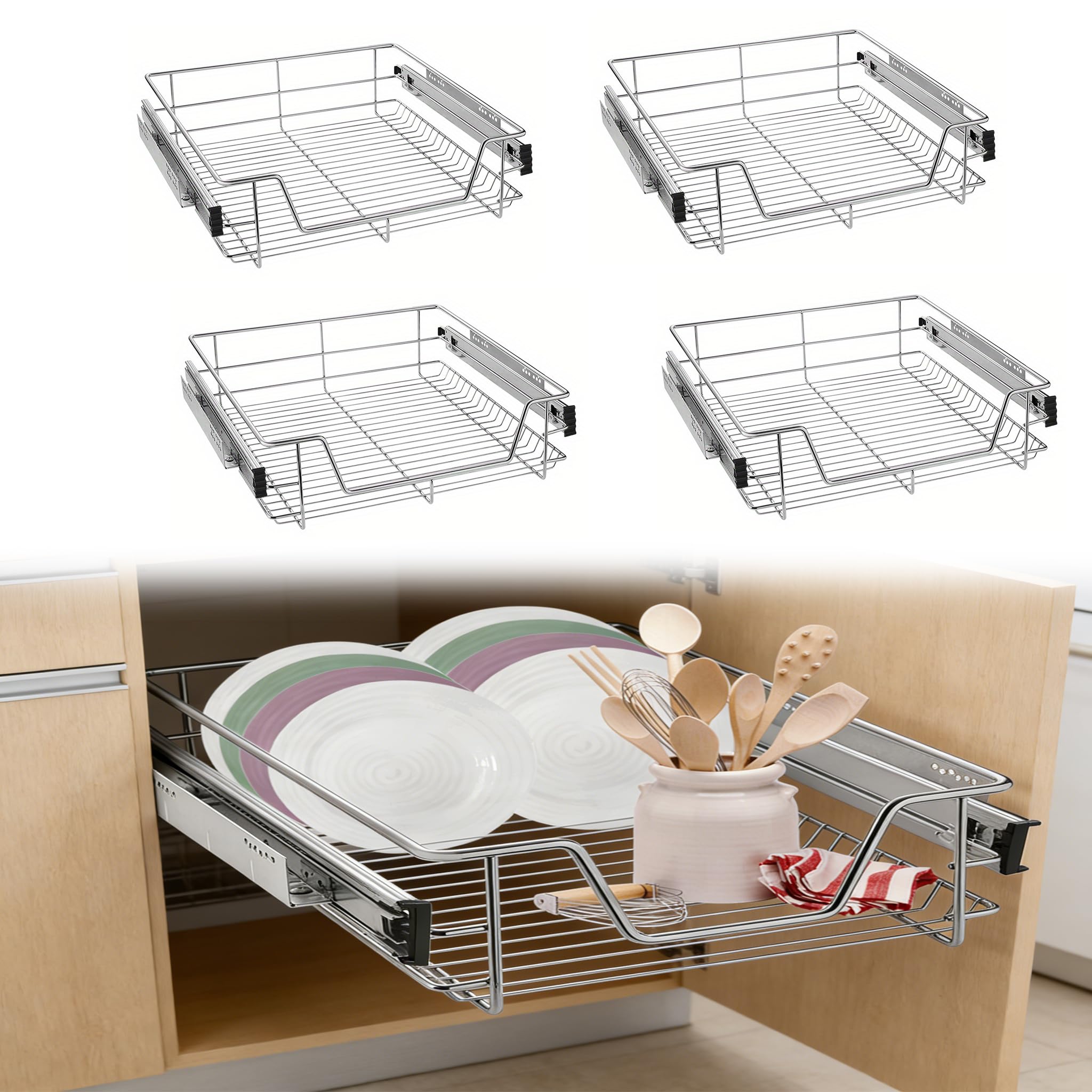 YEATHOR 4 PCS Pull Out Telescopic Drawer, Kitchen Organisers, Suitable for 60cm Wide Cabinet 57cm Internal Cabinet Dimensions, Slide Out Storage Drawers for Kitchen, Bedroom