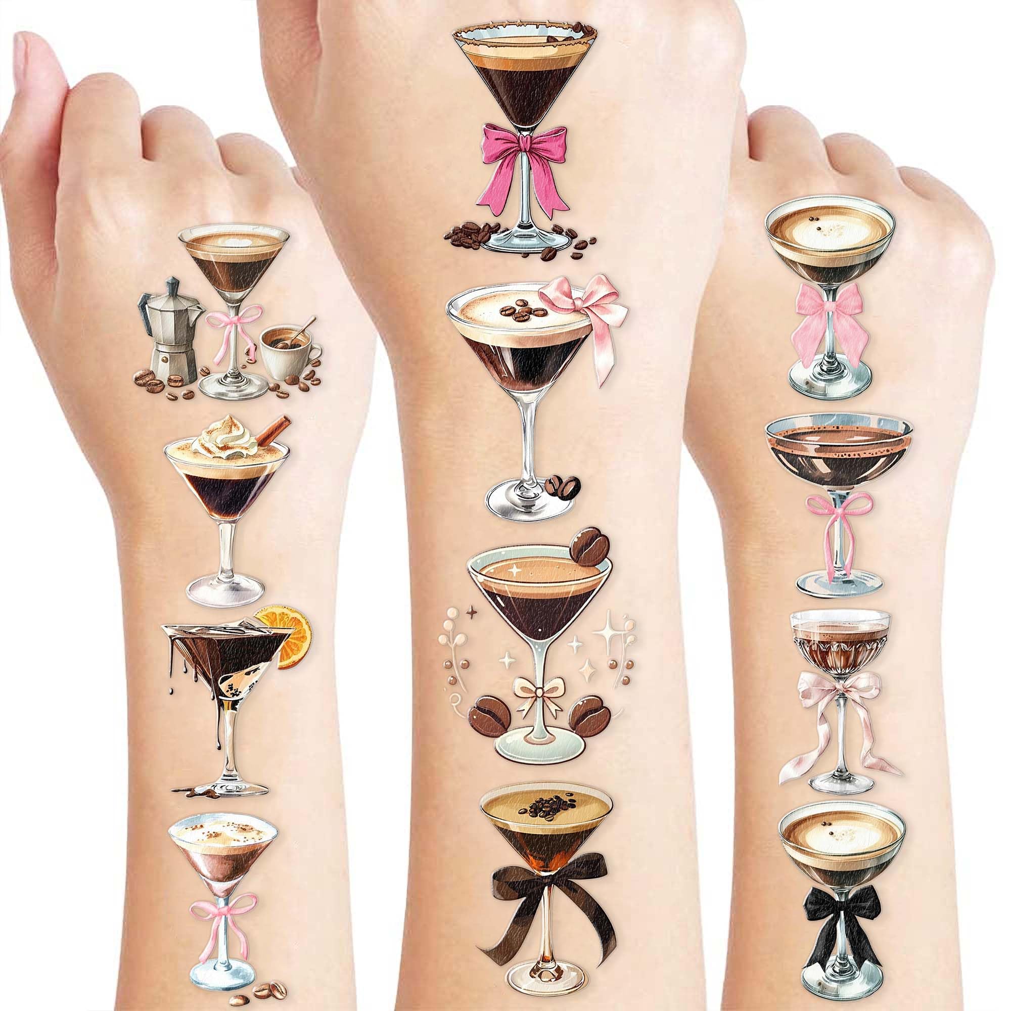 100PCS Espresso Martini Coffee Temporary Tattoos – A Tini Bit Older Birthday Party Decorations Supplies Favors, Bow Cocktails Tini Bar Stickers for