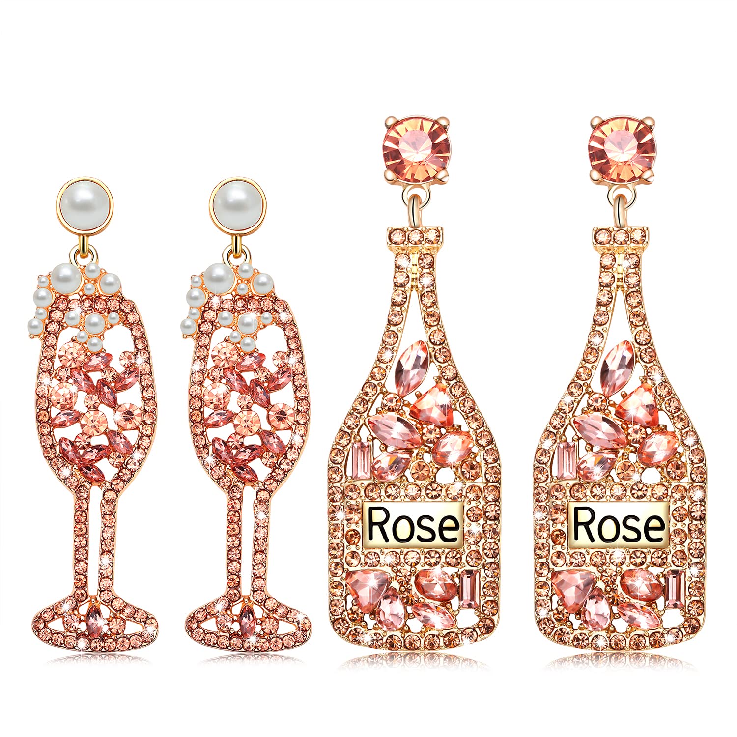 2 Pairs Rhinestone Champagne Bottle Earrings Crystal Wine Glass Dangle Earrings for Women Delicate Champagne Flute Earrings Party Celebration Jewelry
