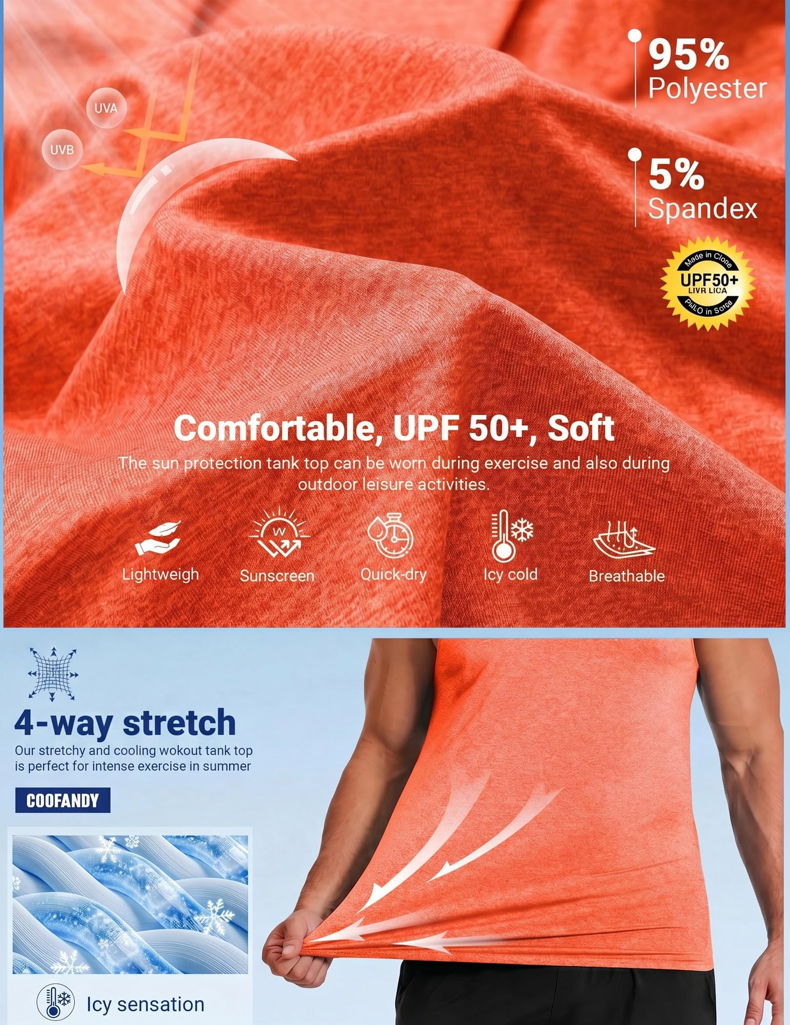 Coofandy, canottiere da uomo da palestra, confezione da 3, Confezione da 3 pezzi: verde, arancione, rosso, azzurro, L