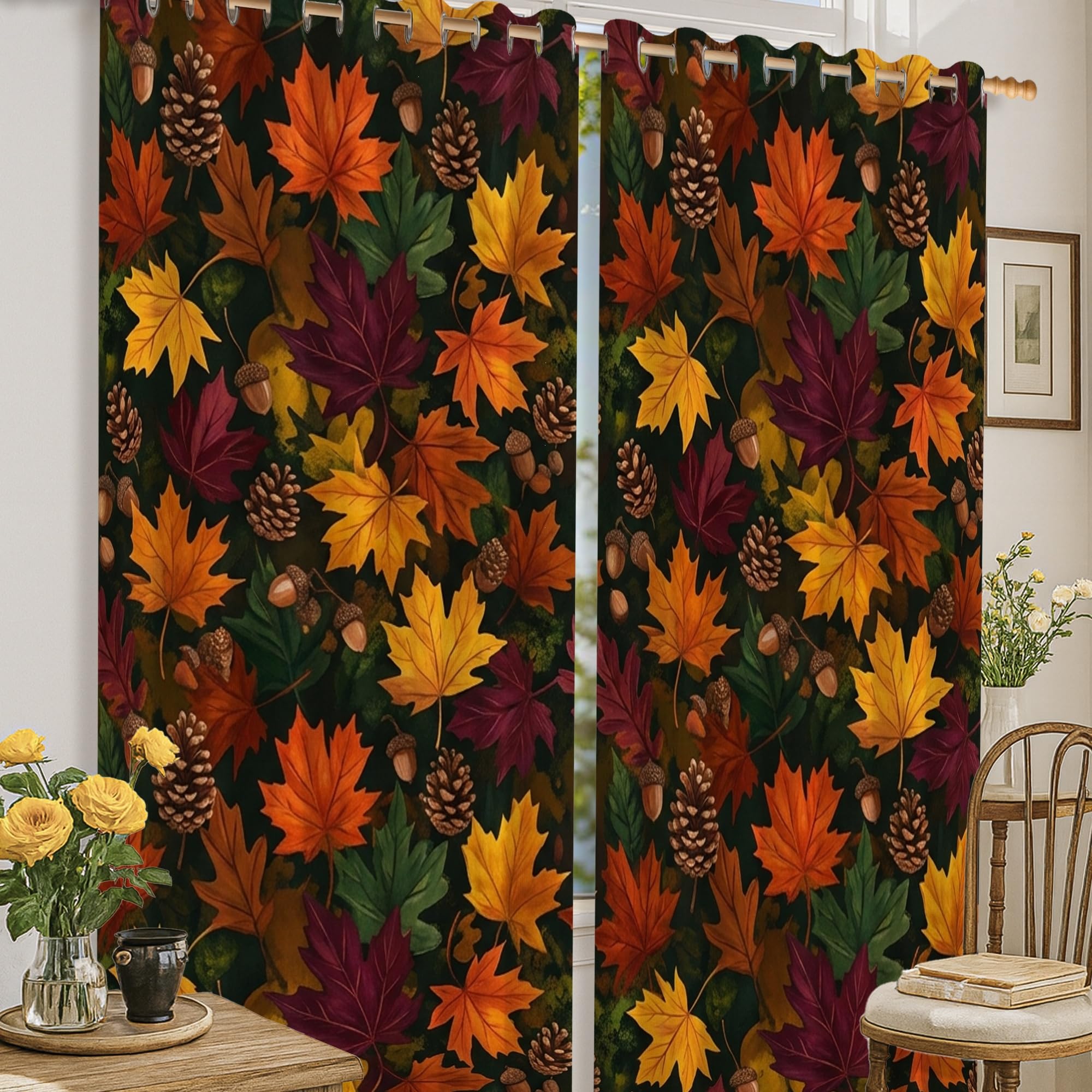 Rideaux occultants thermiques 132x183 cm orange à motifs feuilles d'érable pour chambre d'enfant