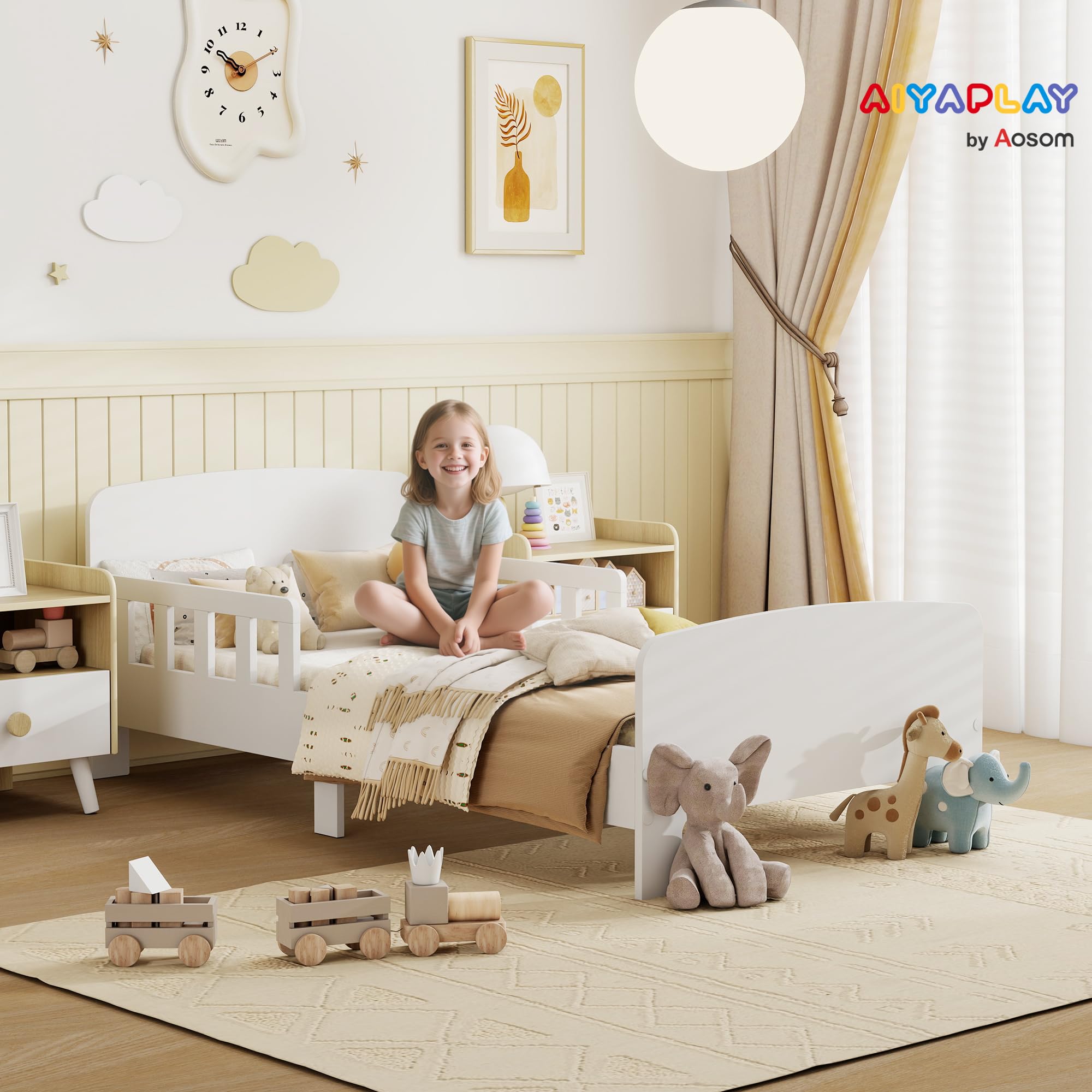 AIYAPLAY Lit Enfant, Lit au Sol Enfant, pour Matelas 140 x 70 cm, Blanc | Barrières de Sécurité Haute, Sommier à Lattes, Cadre Robuste, pour Fille et Garçon de 3 à 8 Ans