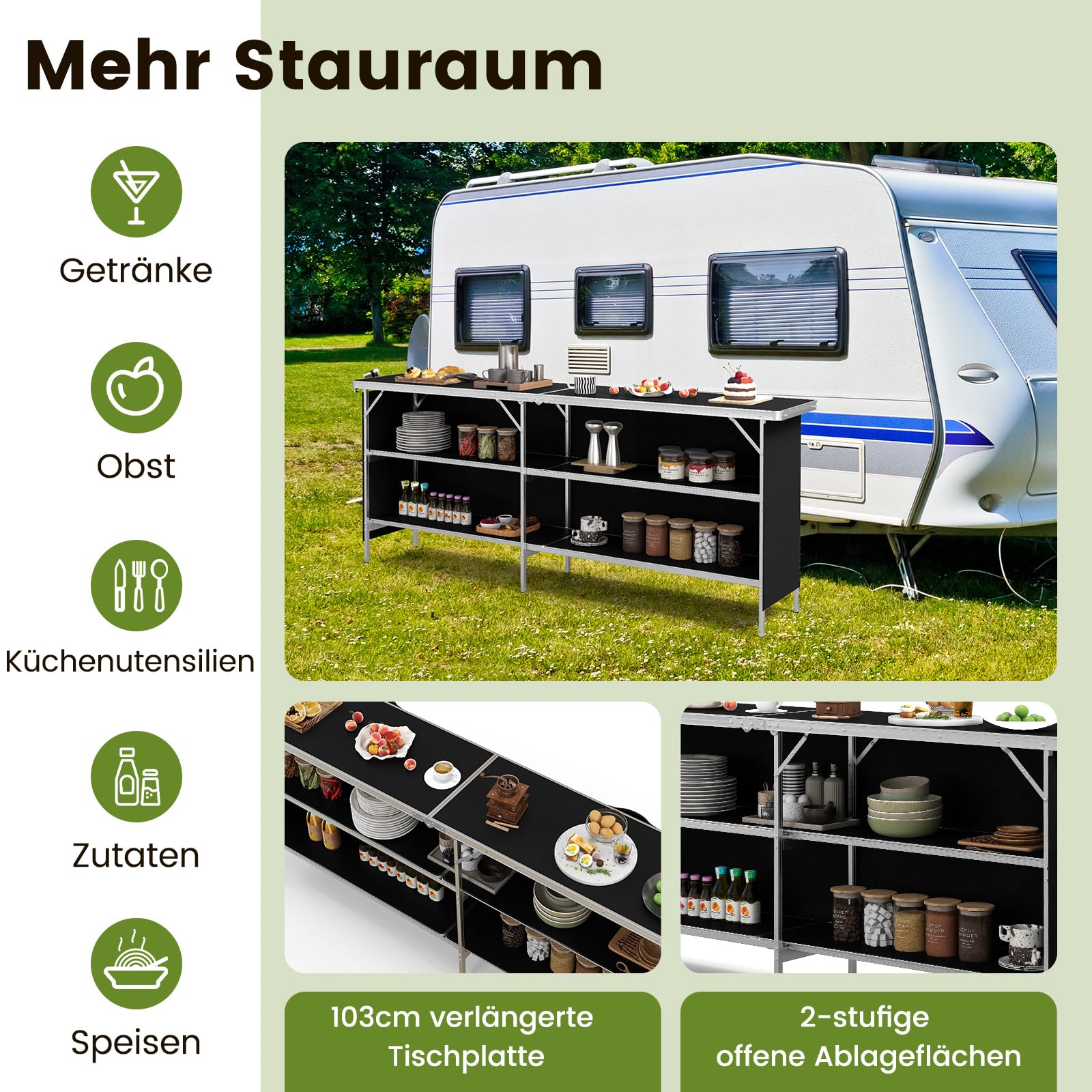 COSTWAY Campingschrank faltbar, tragbare Campingküche mit 2-stöckigen Regalen, Camping Faltschrank aus Aluminiumgestell, inkl. Tragetasche, für Picknick, Grillen, Partys, 206 x 38 x 83 cm
