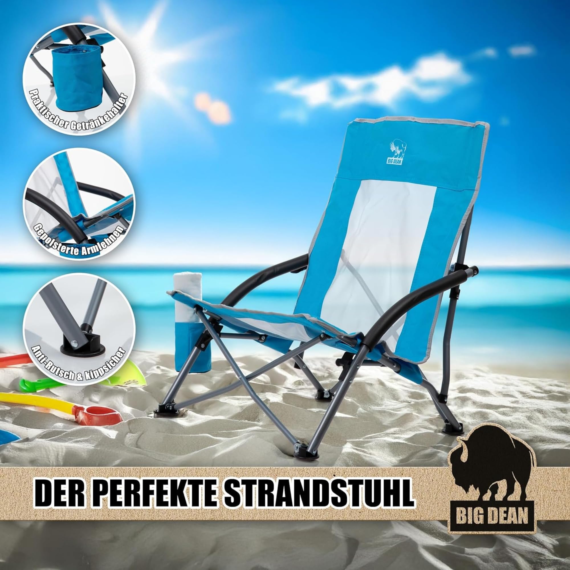 BigDean Lot de 2 chaises de plage pliantes, très légères, pour camping, jusqu'à 150 kg | Chaise basse pliante en maille respirante avec porte-gobelet, pour plage, jardin