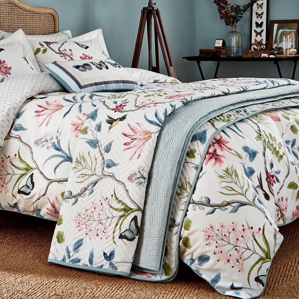 Sanderson Clementine Quilted Throw, Percale, Duck Egg, Double