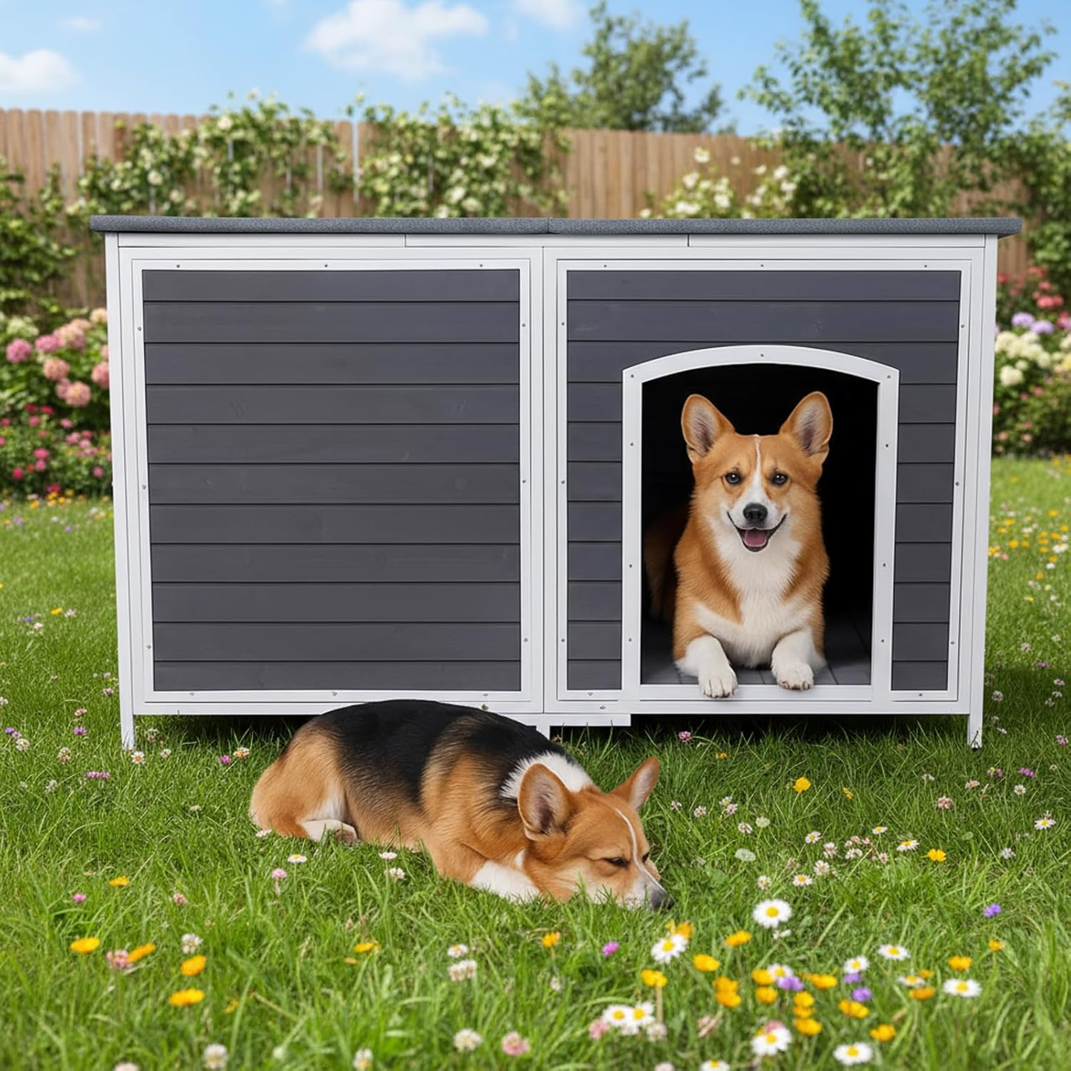 Geguri All-Weather Dog House for Medium to Large Dogs | Weatherproof Asphalt Roof, Chew-Proof Frame, Reinforced Floor Design & Elevated Base, Extra Large (Grey, 59.1" L × 34.3" W × 34.6" H)