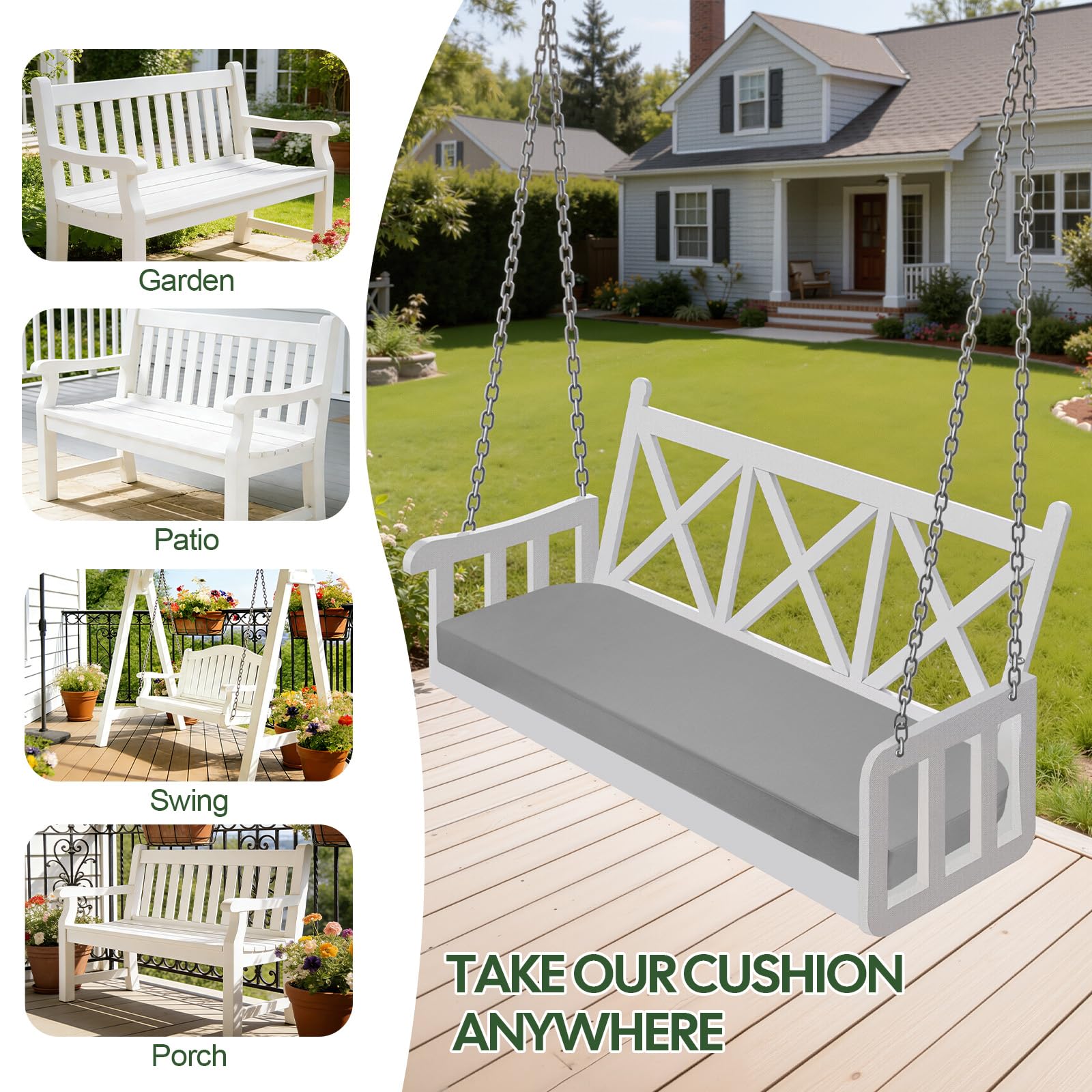 Coussin de rechange imperméable en mousse pour banc de jardin ou chaise 2 places pour extérieur, 108 x 45 cm, gris clair