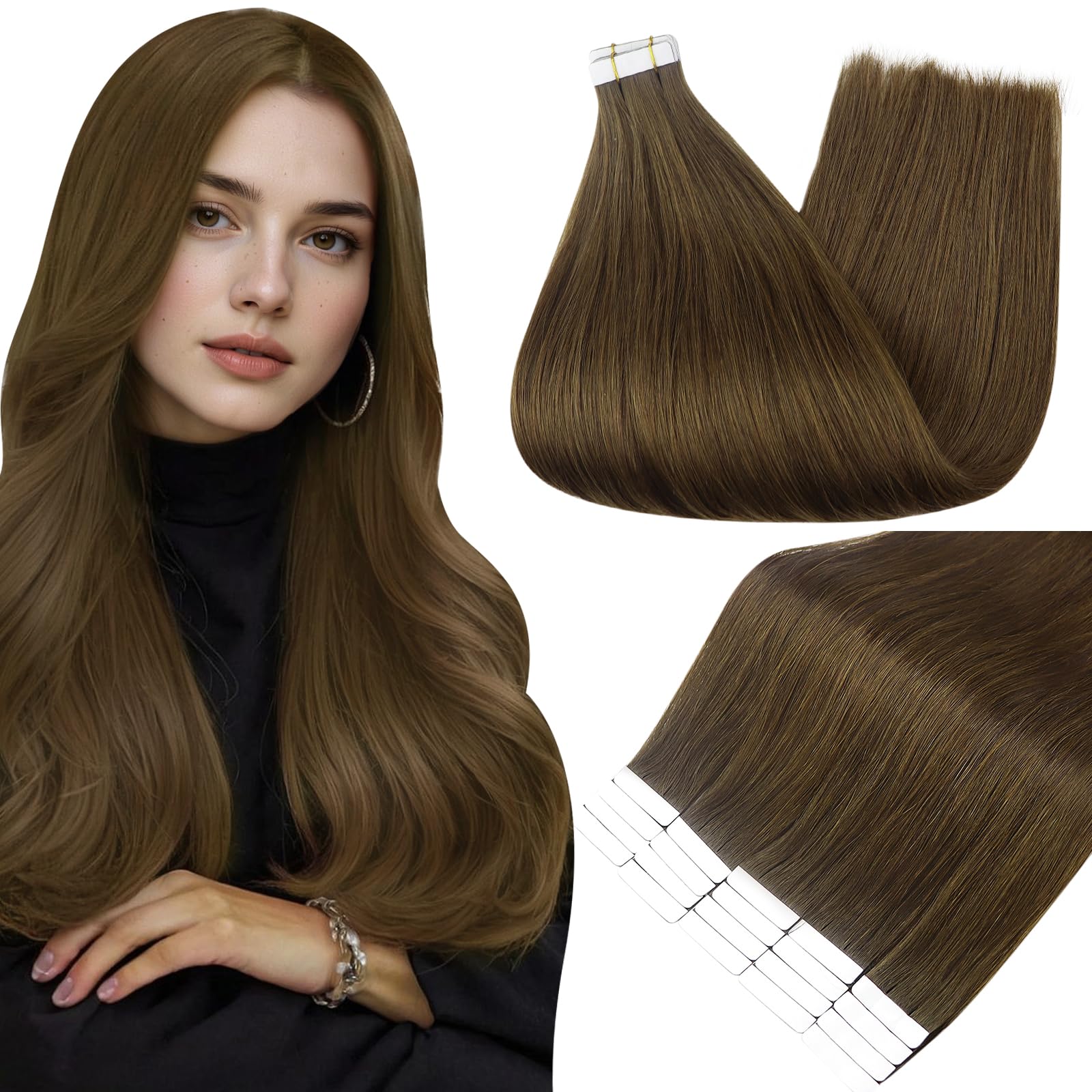 Full Shine Tape in Hair Extensions 16 Inch Color 4 Medium Brown Natural Invisible Double Sided Tape in Extensions Human Hair 20PCS Straight Seamless