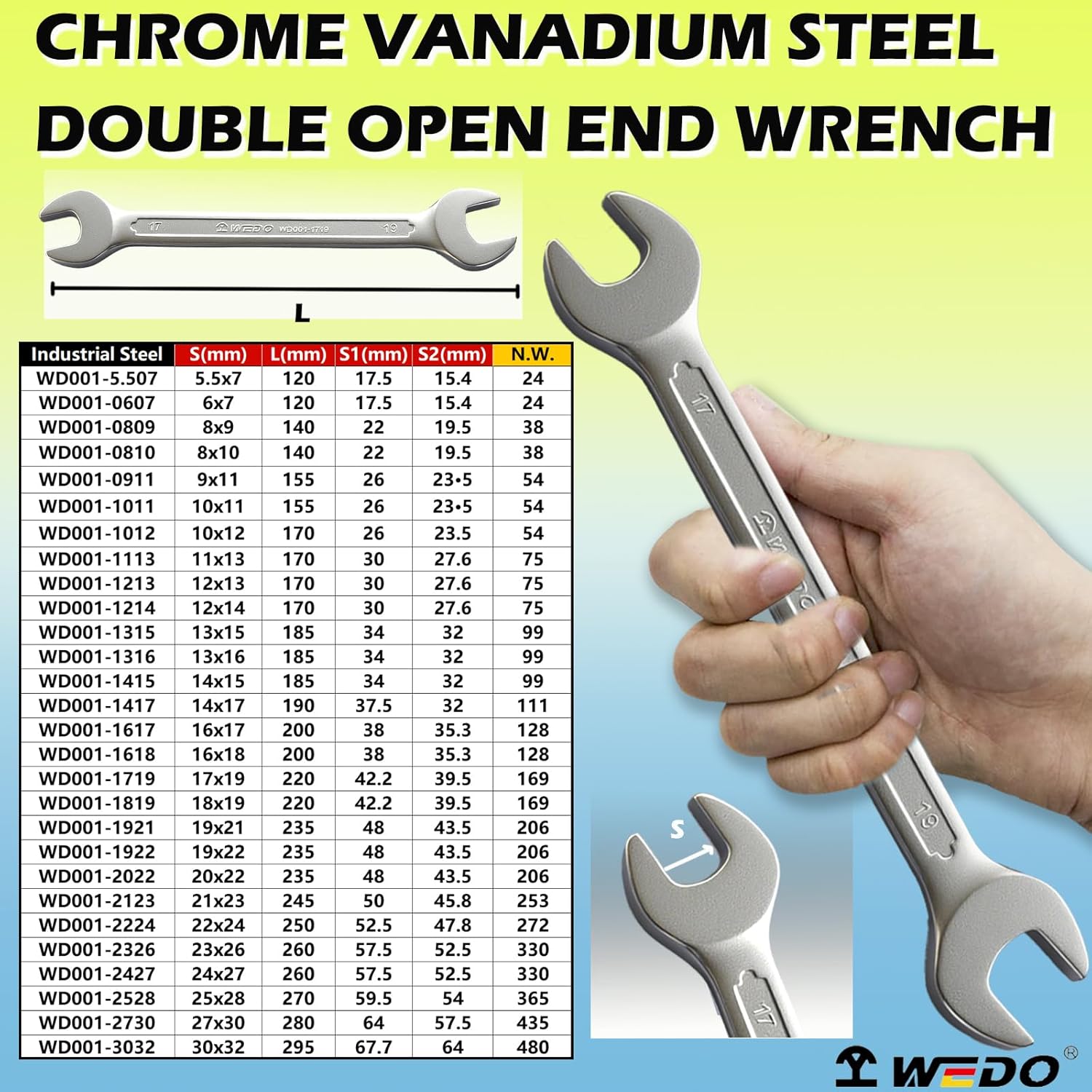 WEDO Double Open End Wrench, Open Ended Spanner, Metric, CR-V, Size 13x16mm,Length 185mm, Die-forged,Anti-Corrosion,High Strength,DIN Standard