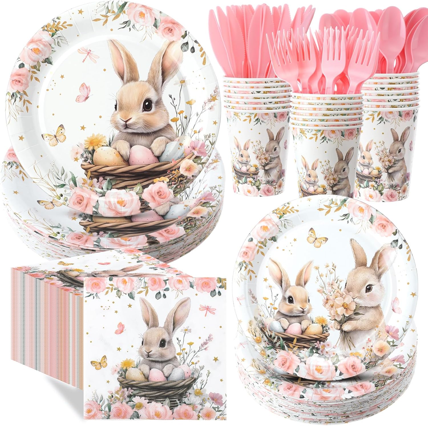 400 Pcs Bunny Birthday Party Decorations for 50 Guests, Pink Floral Bunny Paper Plates and Napkins Cups Cutlery Rabbit Disposable Tableware Set for Spring Baby Shower Birthday Supplies