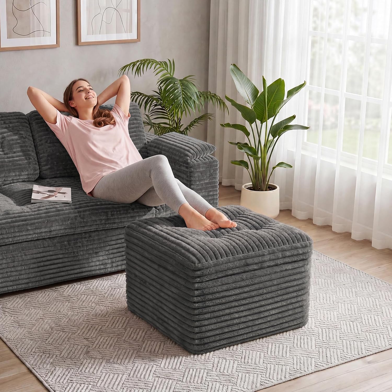 Round Stuffed Pouf Ottoman Foot Rest, Memory Foam-Filling Faux Fur Poufs, Living Room, Nursery, and Dorm Ottomans, Soft Foot Stool Ottoman for Couch, Ideal for Foot Resting Green-image-1
