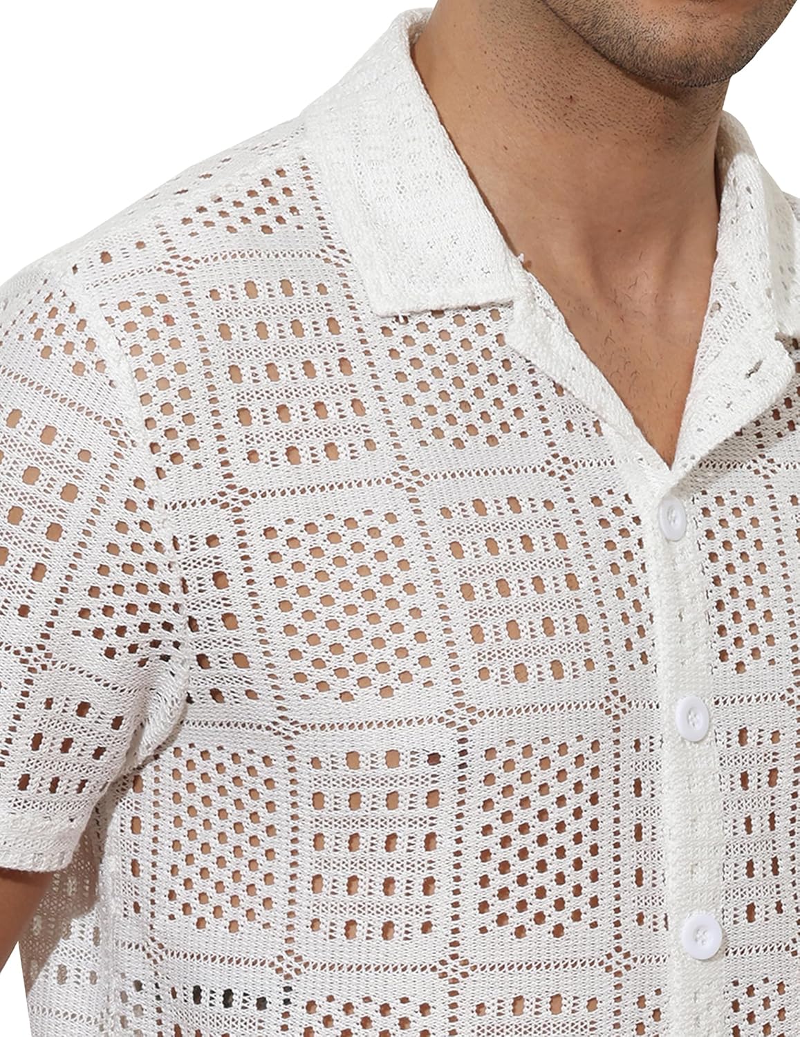 Mens Lace Shirt See Through Hollow Out Sheer Casual Short Sleeve Button Down Beach Shirts - Image 4