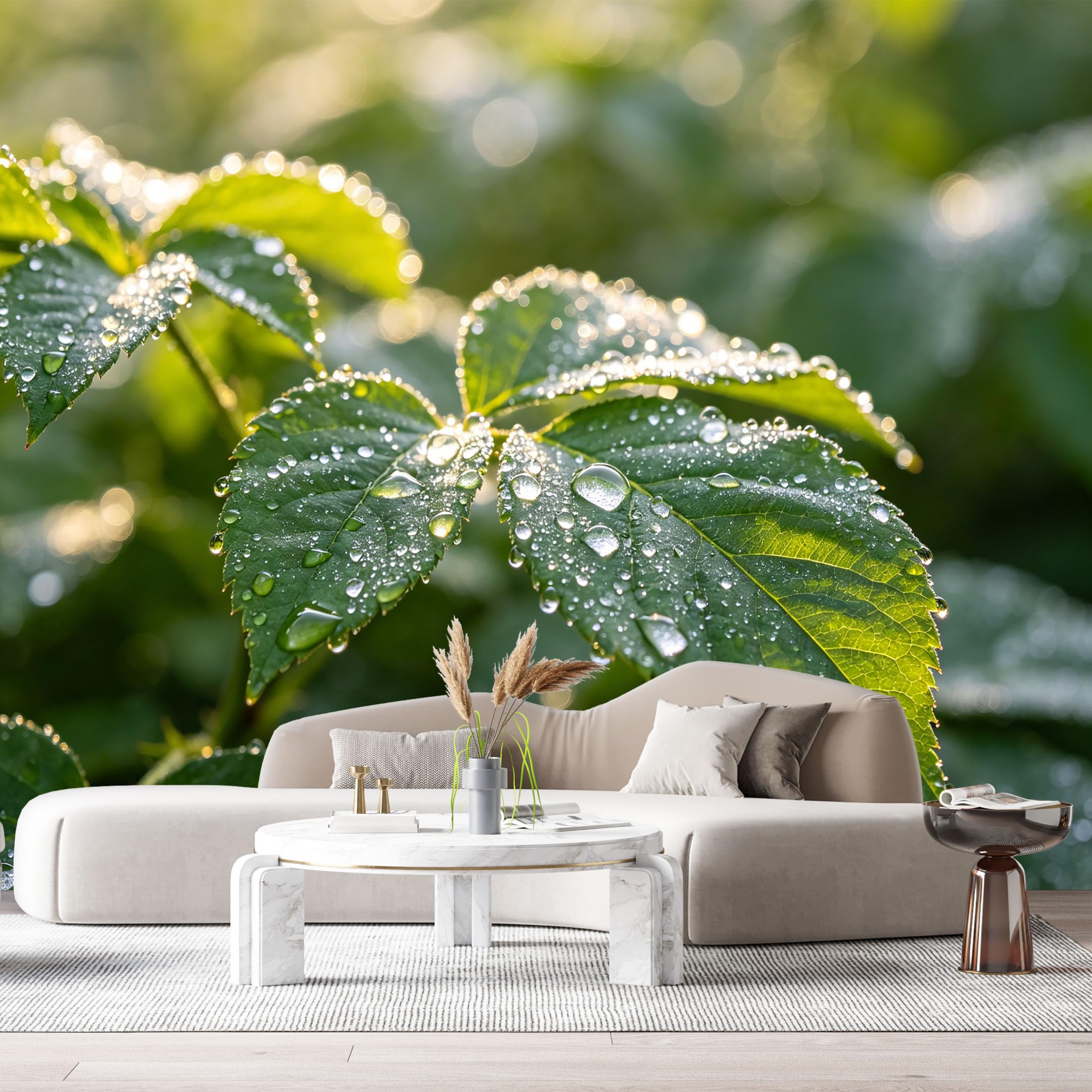 Custom Size Wall Murals Botanical Green Leaves Dew Drops Morning Light Nature Macro SelfAdhesive Wall Fabric Removable Large Wallpaper for Photo Living Room