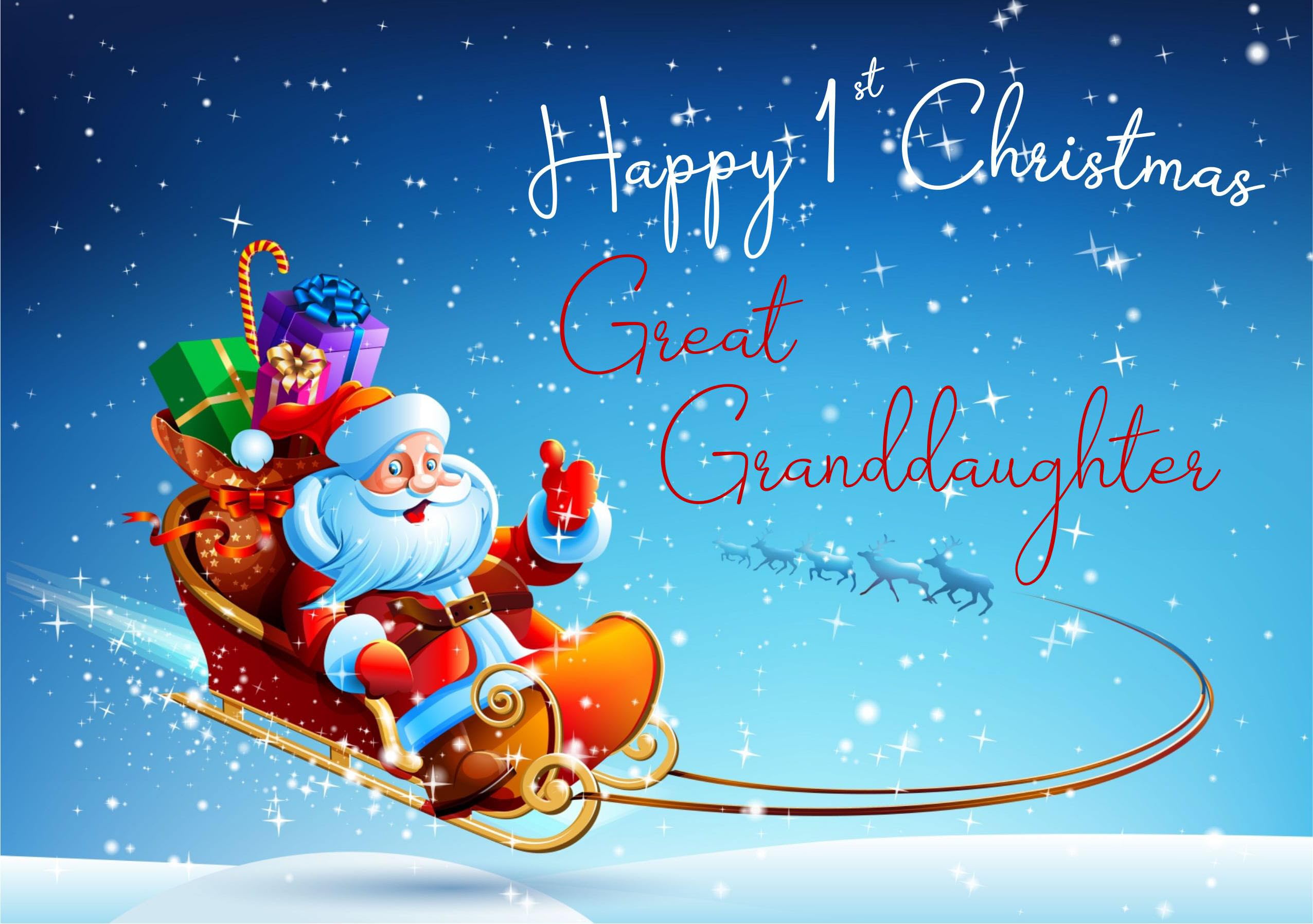 doodlecards Great Granddaughters 1st First Christmas Card Santas Sleigh Large A4 Size Christmas Card for Great Granddaughters 1st with Plain Envelope โ image 1