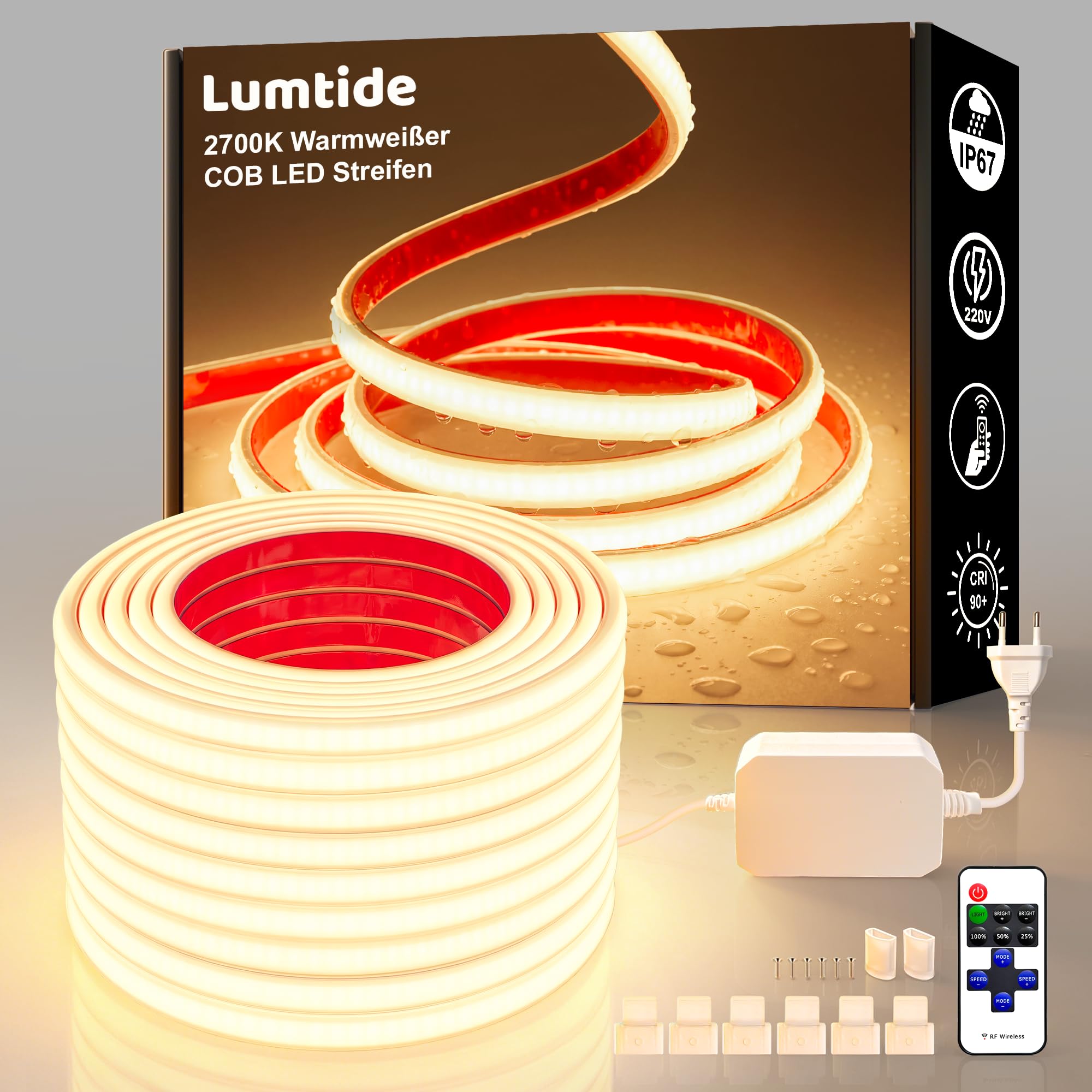 Outdoor IP67 Wasserdicht COB LED Streifen 15M Mit Fernbedienung, AC 220V-230V Dimmbar Direktanschluss 2700K Warmweiss LED Strip, Superhell Selbstklebend für den Außenbereich, Garten, Terrasse