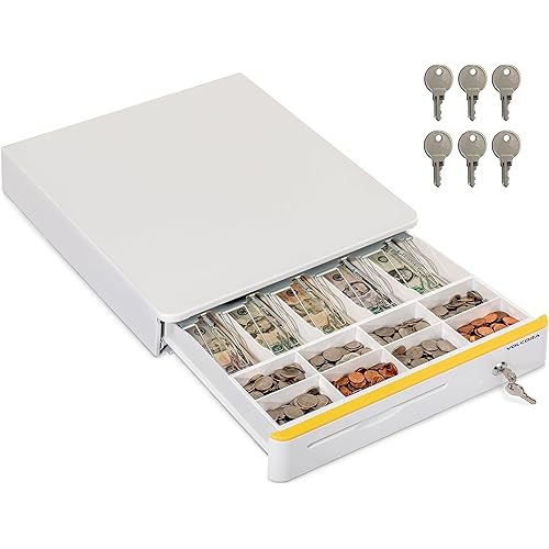Volcora Cash Register Drawer for Point of Sale POS System with Round Corners 16", Removable Coin Tray, 5 Bill 8 Coin, 24V RJ11/12 Key-Lock Media Slot, Money Drawer for Business, Yellow Bar/White